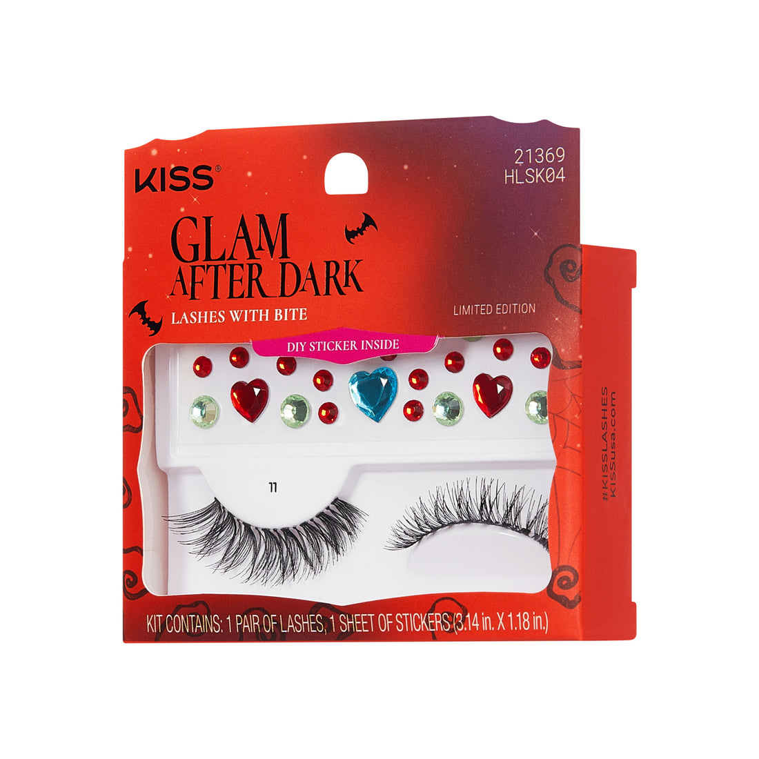 The image features a packaging for "KISS Glam After Dark" false eyelashes. The design is vibrant and festive, with a Halloween theme, showcasing bats and a bold red and black color scheme. The package contains one pair of lashes and a sheet of decorative stickers, including hearts and jewels in various colors. The product is labeled as a limited edition, emphasizing its unique appeal for special occasions.