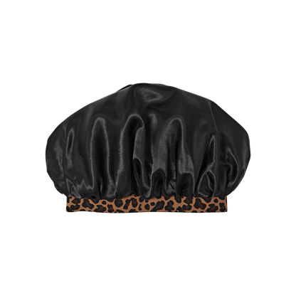 Black satin bonnet with leopard print elastic band