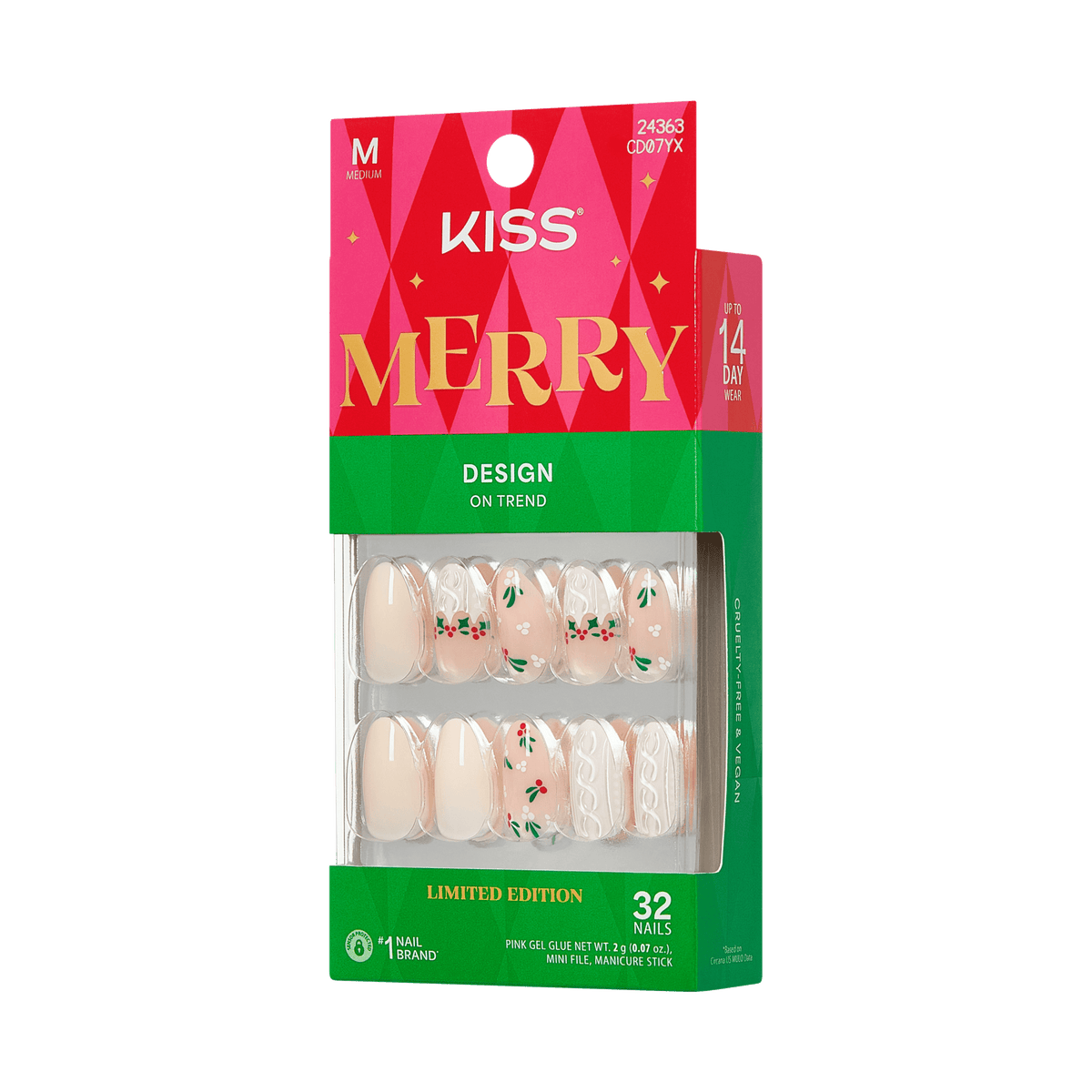 Kiss Merry Holiday Press On Fake Glue Nails - Snow Glow | French Design, White, Medium, Almond