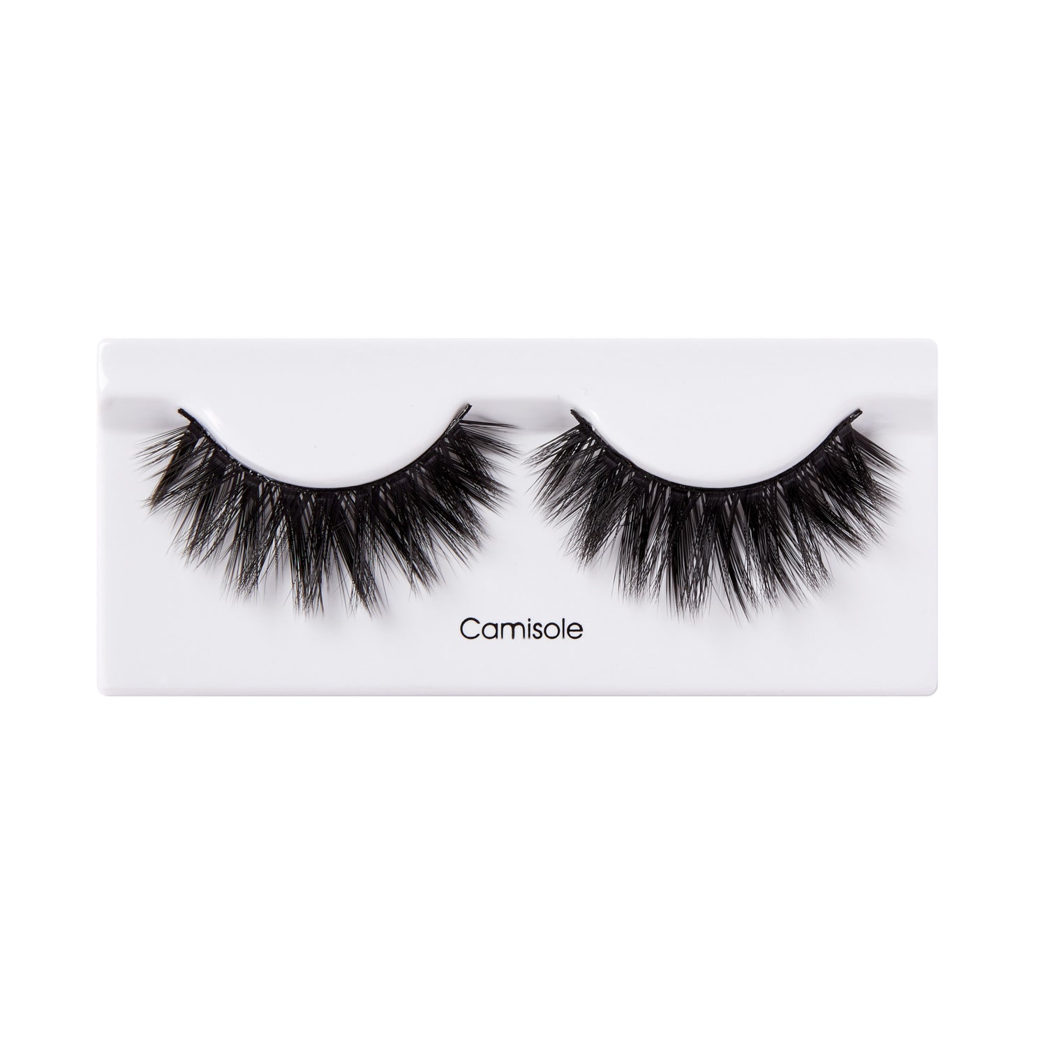Camisole false eyelashes, black wispy lashes on white packaging strip