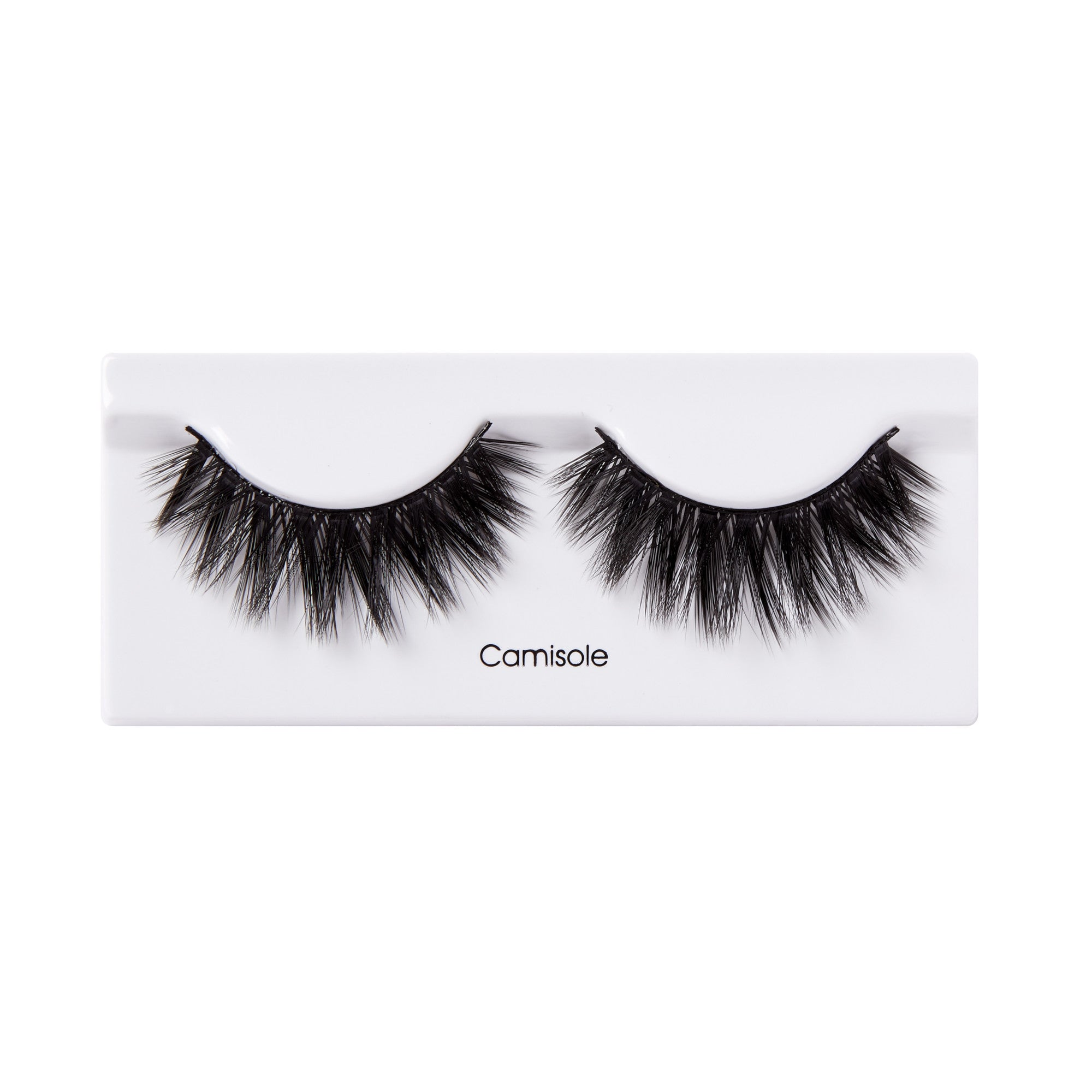 Camisole false eyelashes, black wispy lashes on white packaging strip