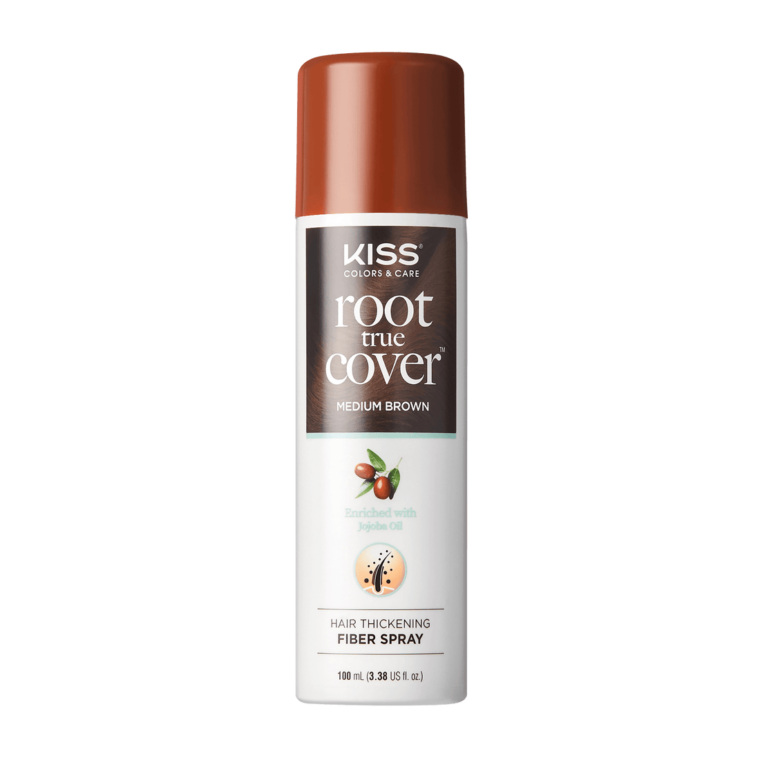 The image features a can of KISS Colors &amp; Care Root True Cover Hair Thickening Fiber Spray. The can is predominantly white with a brown cap. It is labeled "Medium Brown" and highlights that it is infused with natural ingredients. The product is designed to help thicken hair, making it appear fuller. The can contains 100 ml (3.4 fl oz) of the spray.