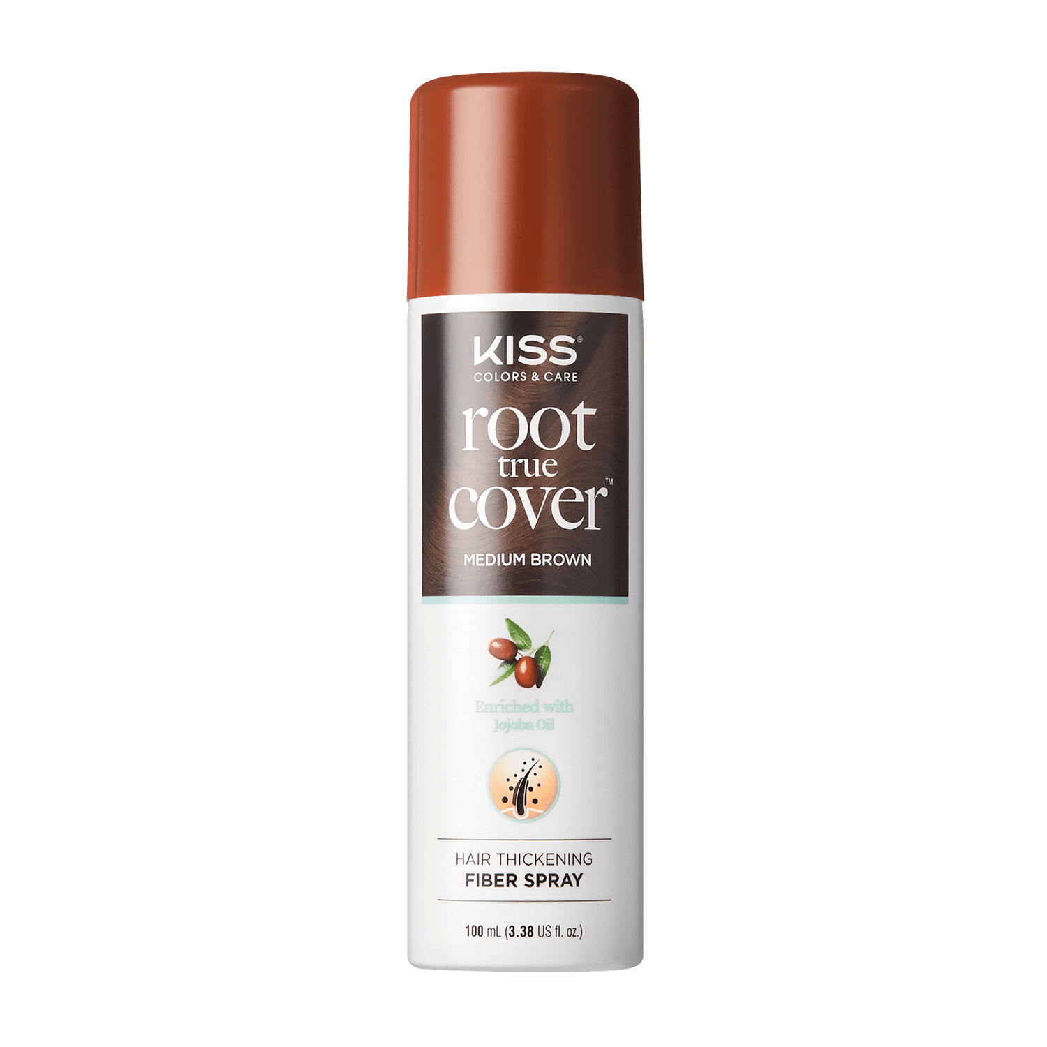 The image features a can of KISS Colors &amp; Care Root True Cover Hair Thickening Fiber Spray. The can is predominantly white with a brown cap. It is labeled "Medium Brown" and highlights that it is infused with natural ingredients. The product is designed to help thicken hair, making it appear fuller. The can contains 100 ml (3.4 fl oz) of the spray.