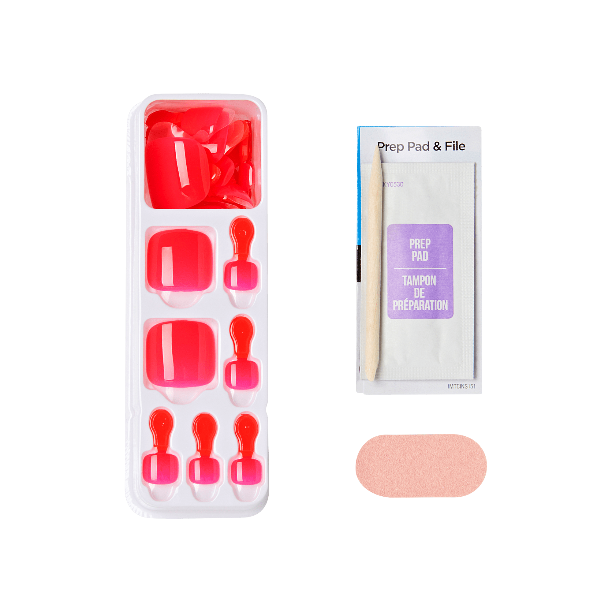 Set of red nail tips, a prep pad and file on a transparent background