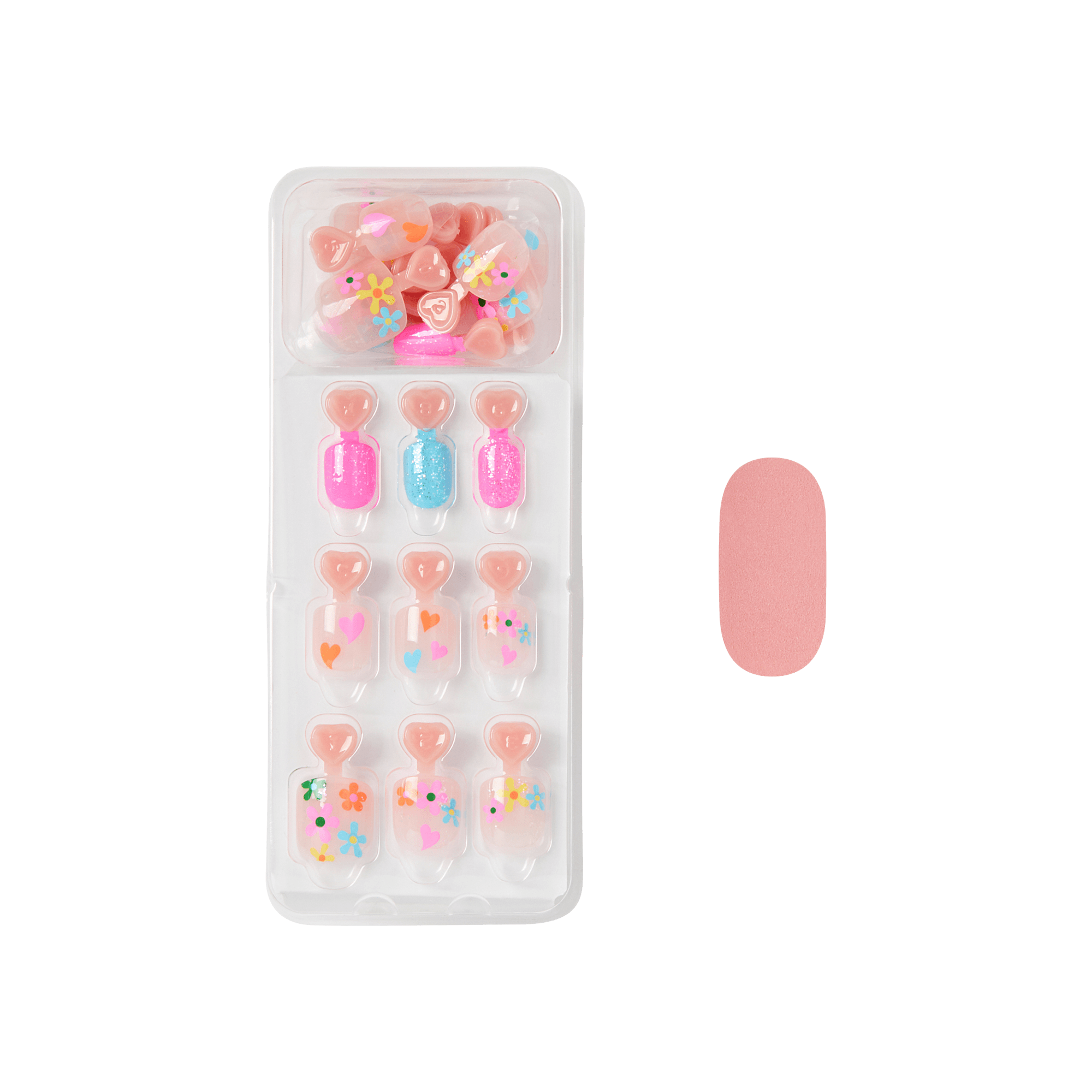 Press-on nail set with decorative designs in pink, blue, and glitter finishes.