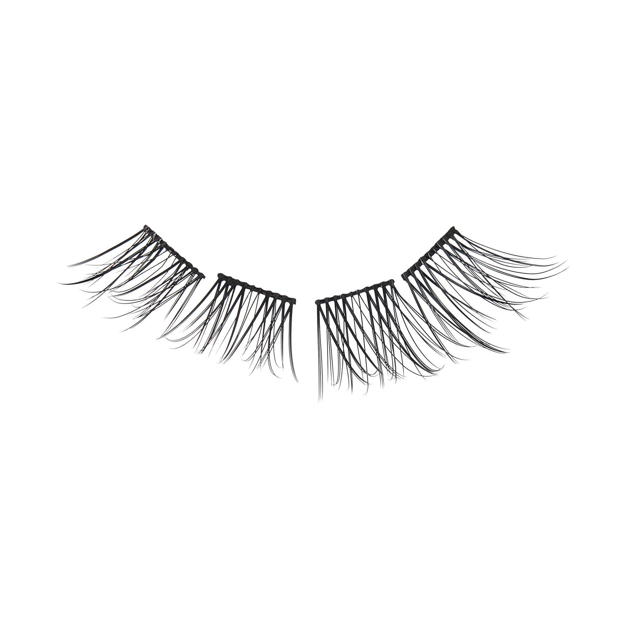 Black synthetic false eyelash strip with spaced individual wisps designed for lengthening, shown against a white background.