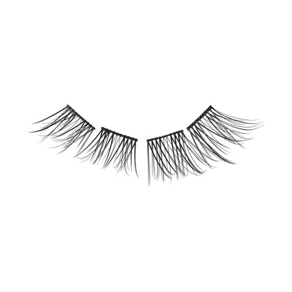 Black synthetic false eyelash strip with spaced individual wisps designed for lengthening, shown against a white background.