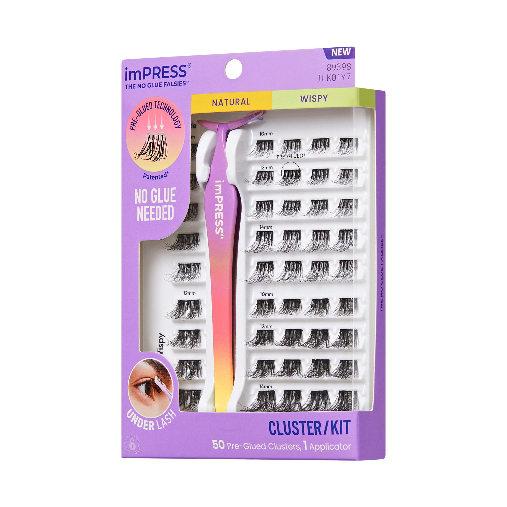 Impress Falsies Pre-Glued False Eyelashes Starter Kit - Natural &amp; Wispy | 50 Lash Clusters, With Applicator, 10mm-14mm
