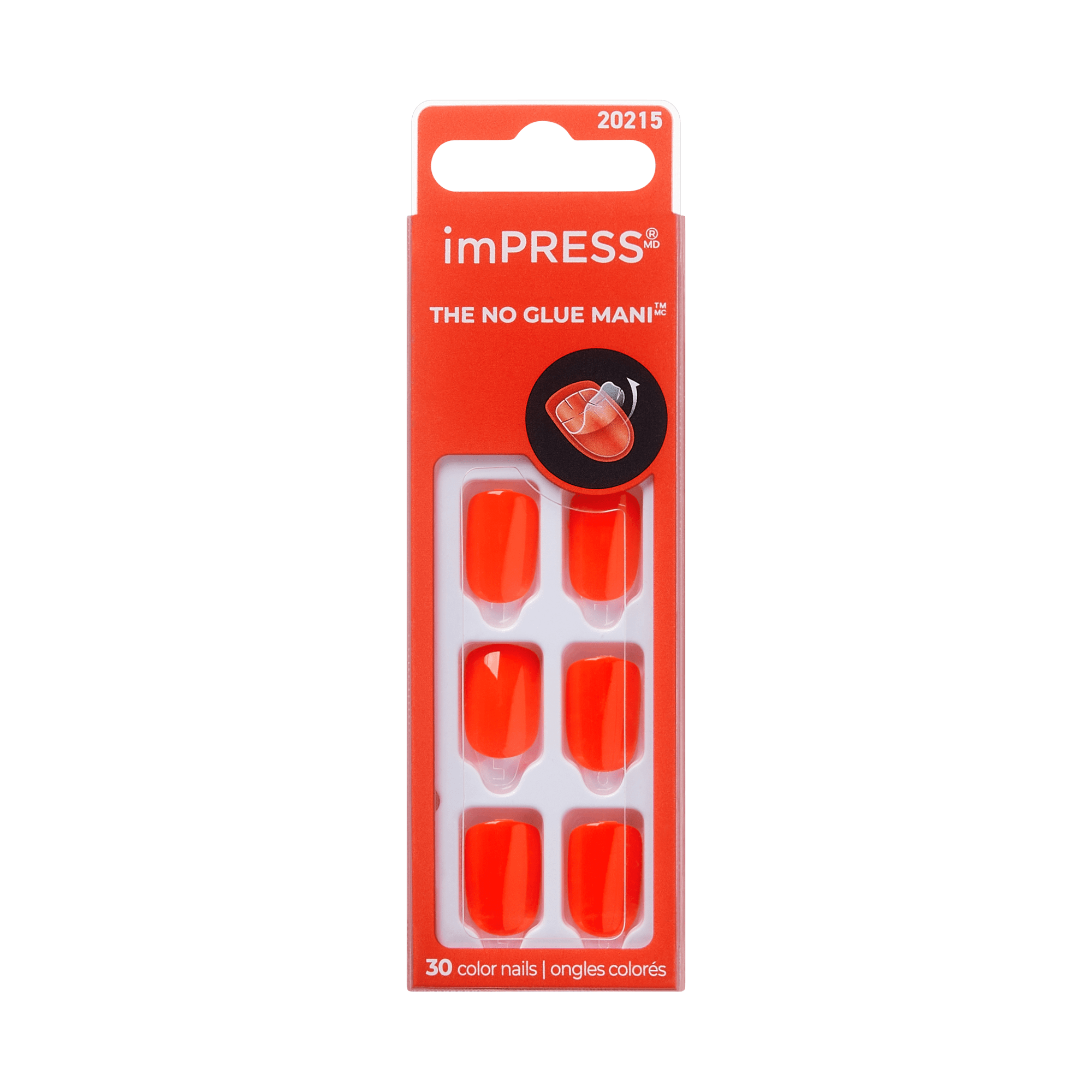 The image features a packaging of imPRESS press-on nails. The package is predominantly red and displays the product name "imPRESS" prominently at the top. Below the name, it states "THE NO GLUE MANI" in a bold font. The package contains a total of 30 color nails, with six of them visible in the front, showcasing a bright orange-red color. The design is sleek and modern, emphasizing convenience and ease of use.