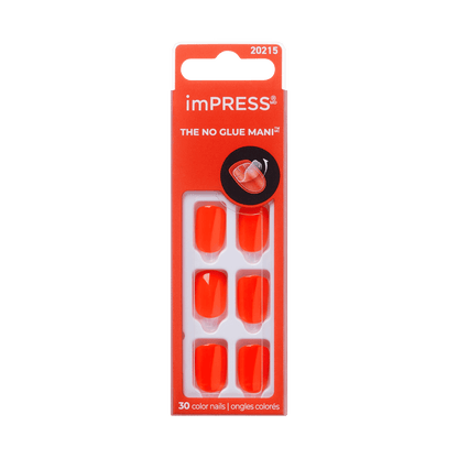 The image features a packaging of imPRESS press-on nails. The package is predominantly red and displays the product name "imPRESS" prominently at the top. Below the name, it states "THE NO GLUE MANI" in a bold font. The package contains a total of 30 color nails, with six of them visible in the front, showcasing a bright orange-red color. The design is sleek and modern, emphasizing convenience and ease of use.