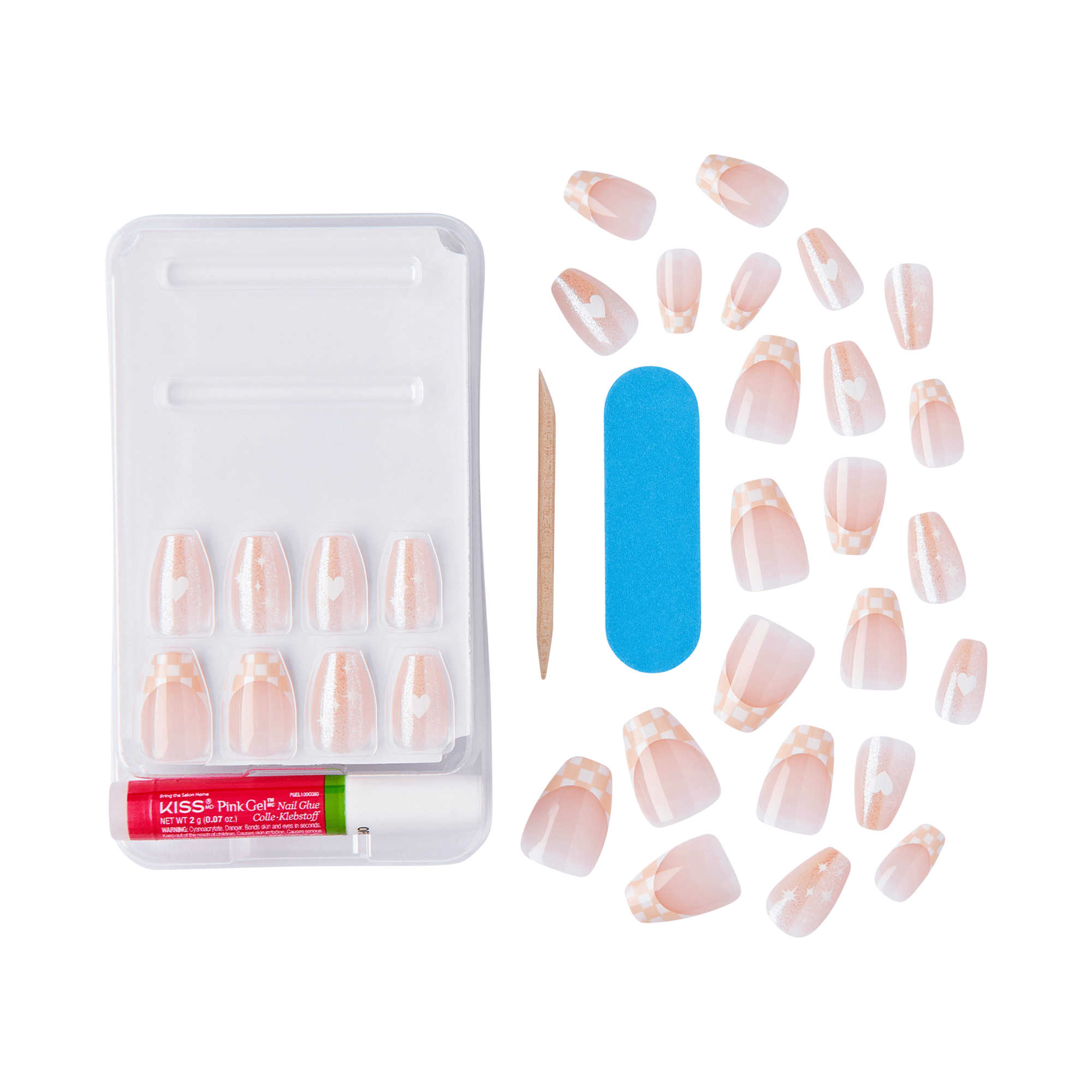 The image shows a set of artificial nails and related accessories. The set includes multiple artificial nails of varying sizes, arranged in a semi-circle around a white plastic tray. The nails have a natural pinkish hue with white tips, resembling a French manicure. Additionally, the set contains a small wooden cuticle stick, a blue nail file, and a tube of pink gel glue. The items are neatly organized, suggesting they are part of a nail kit for at-home manicures.
