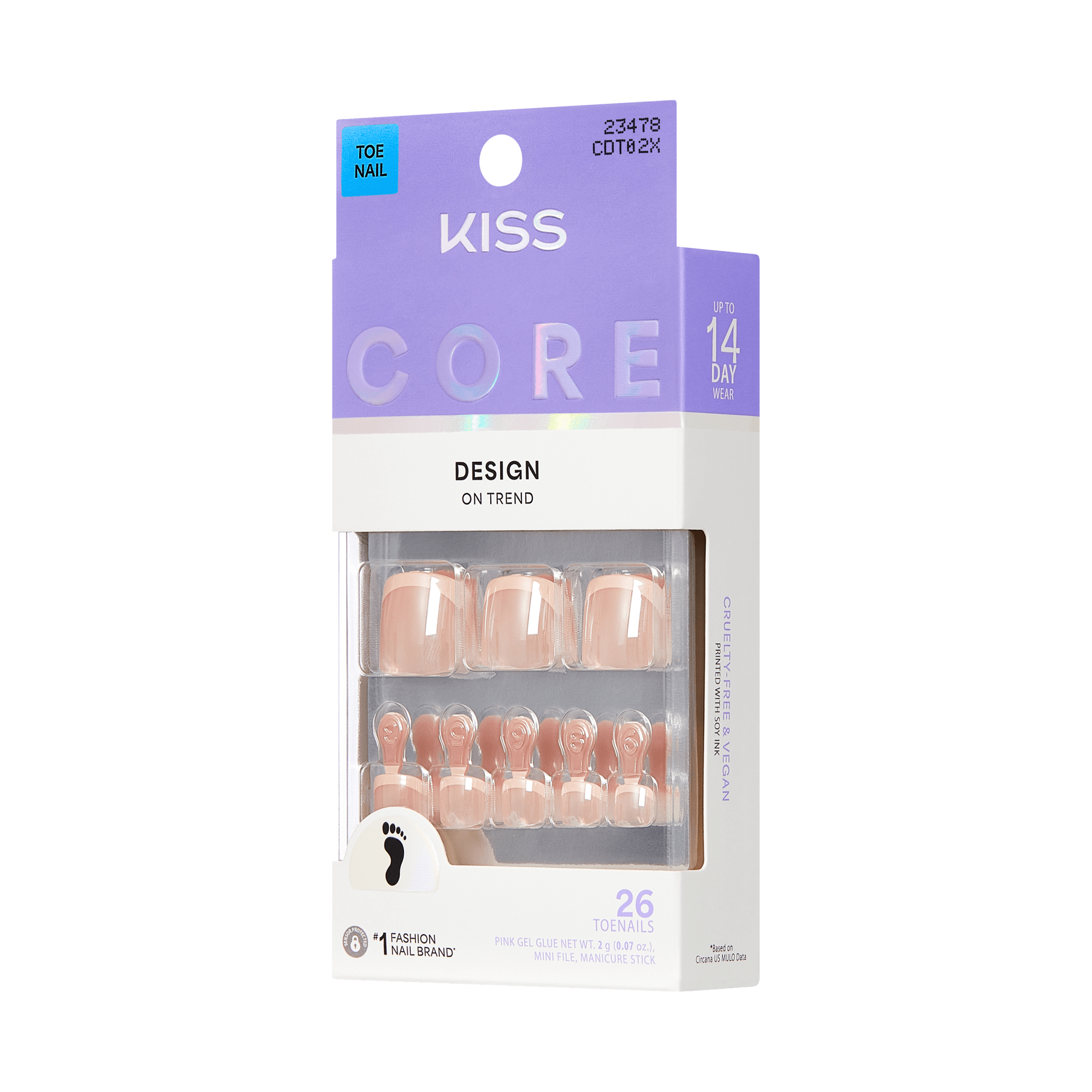 KISS Core Design On Trend 26 Toenails in pink gel with glue net weight 3g.