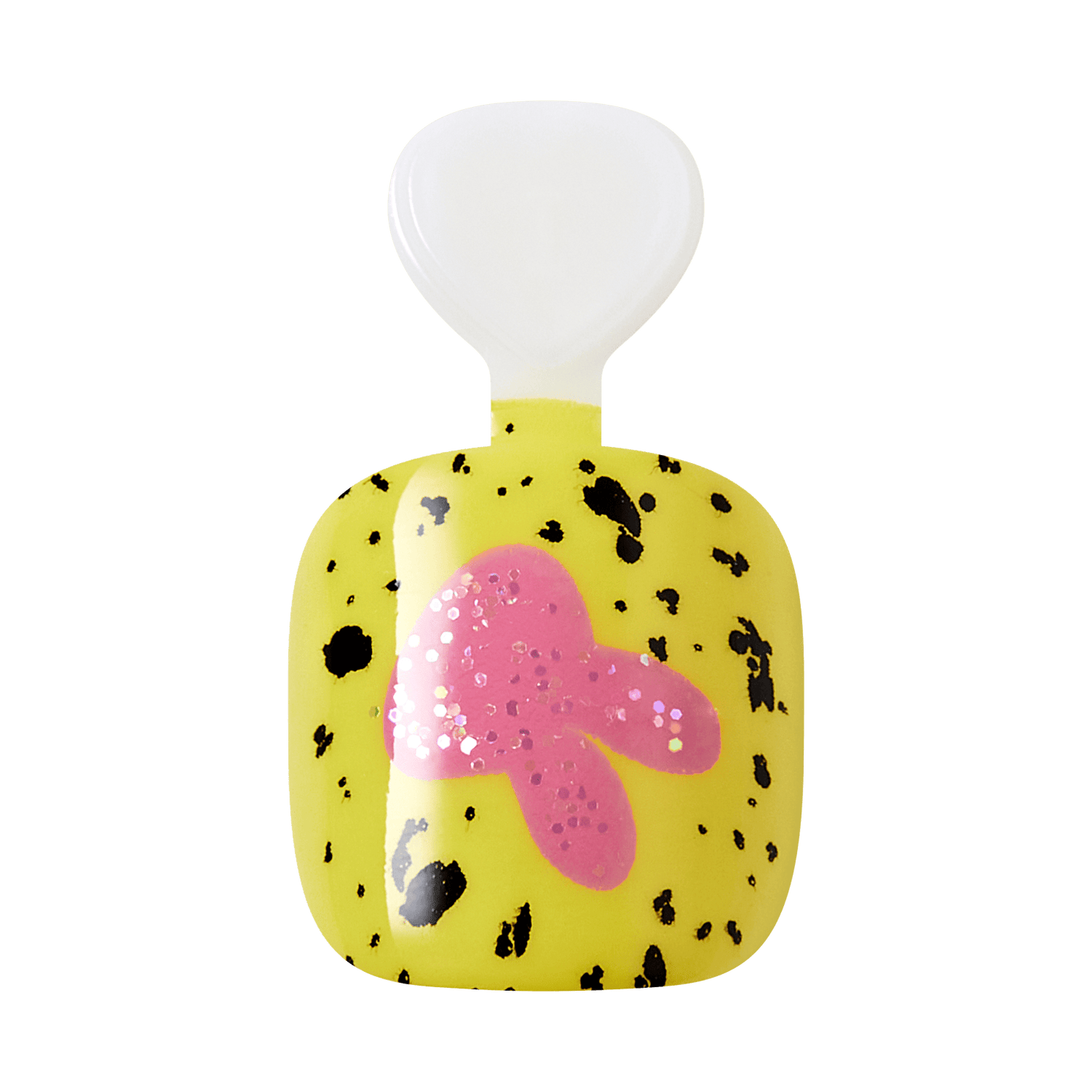 Yellow perfume bottle with black spots and pink butterfly design, white cap.