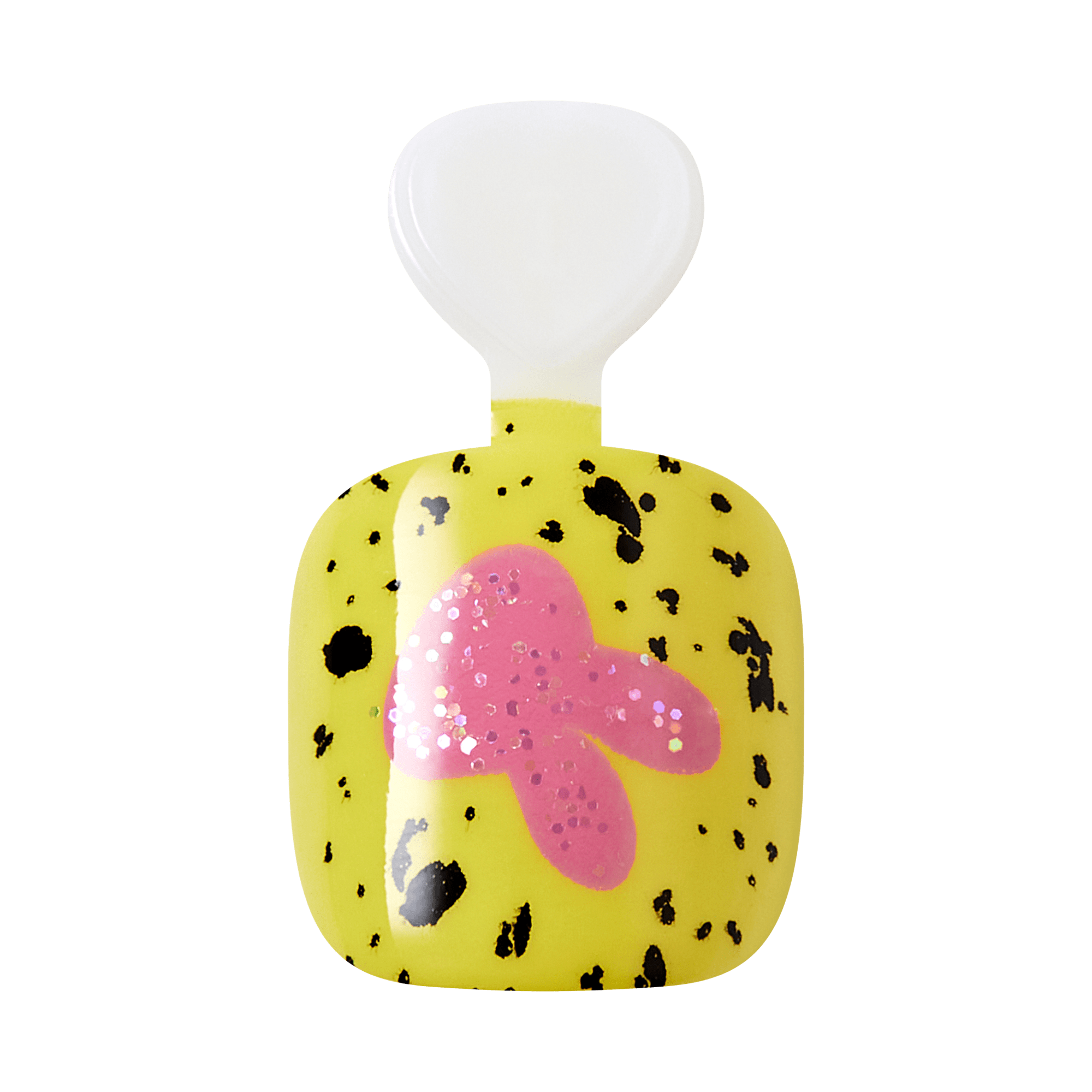 Yellow perfume bottle with black spots and pink butterfly design, white cap.