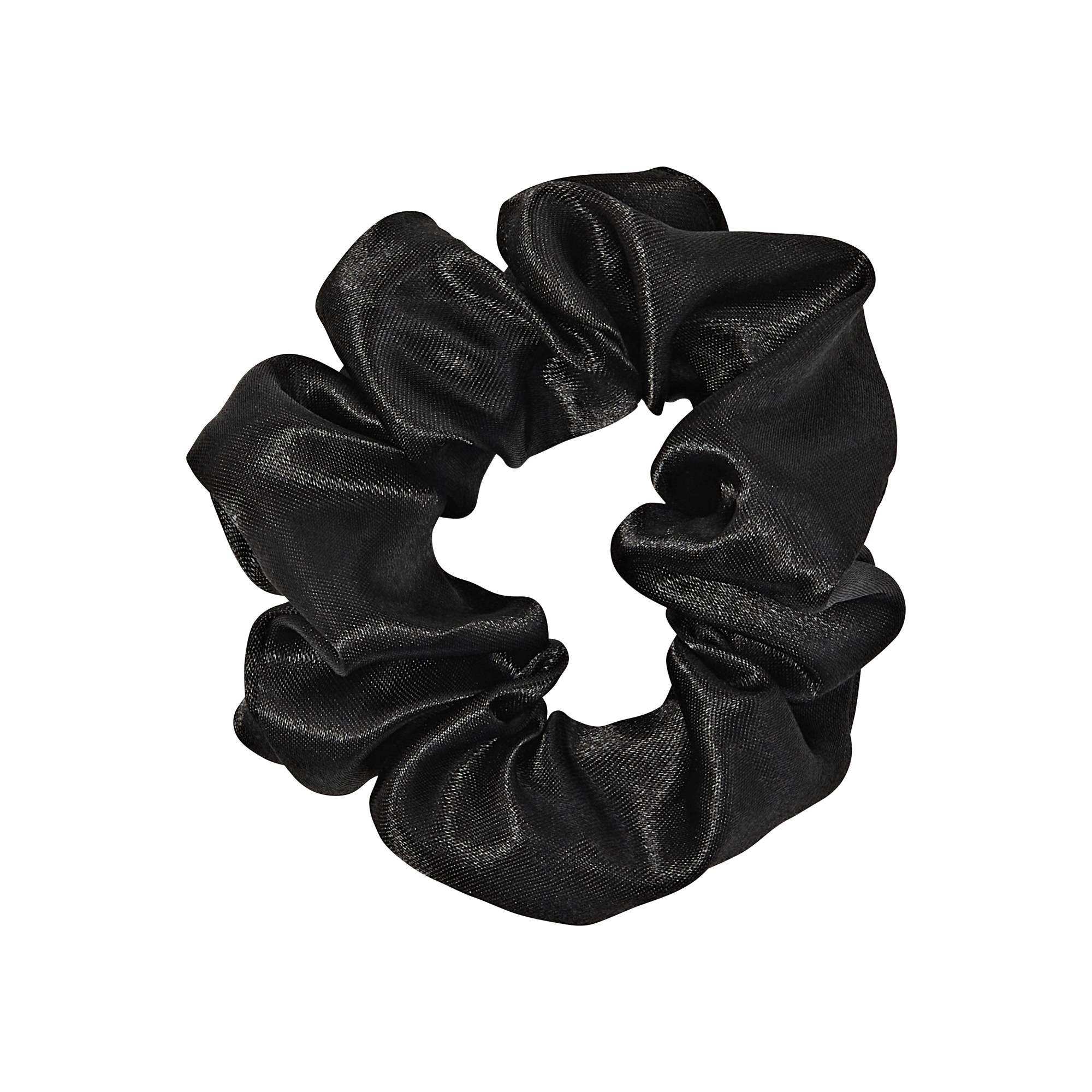 Black fabric hair scrunchie with gathered texture on white background.