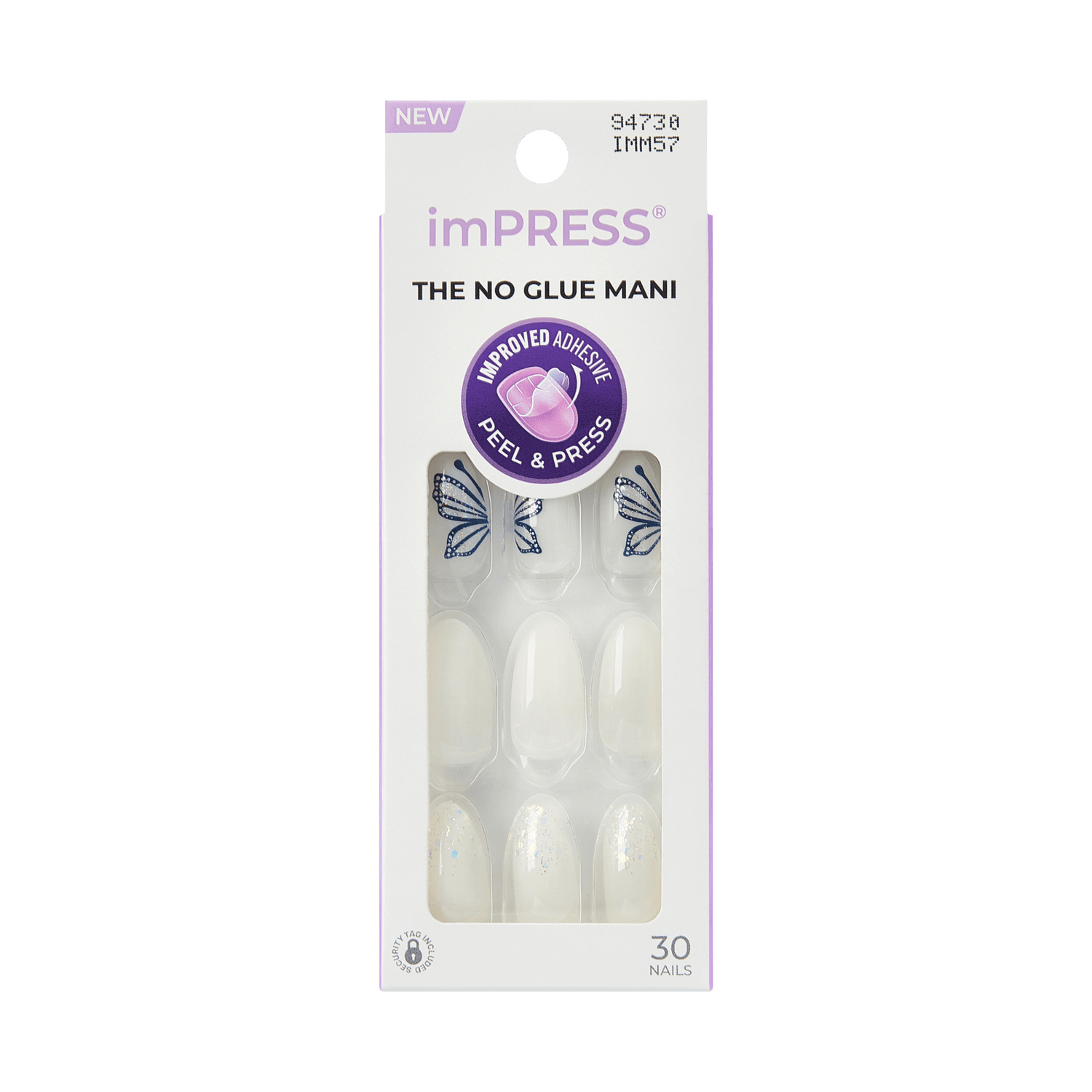 imPRESS The No Glue Mani press-on nails with butterfly design, 30 nails