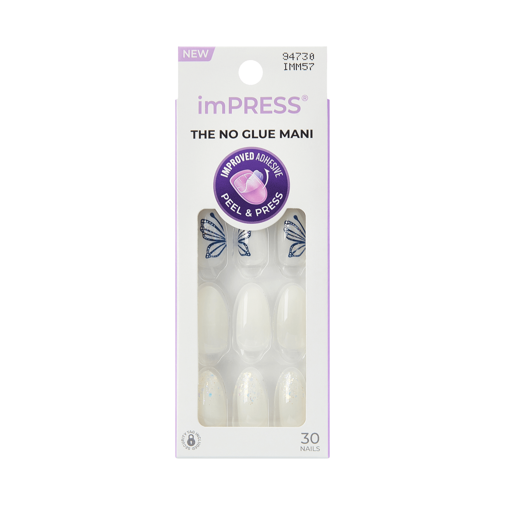 imPRESS The No Glue Mani press-on nails with butterfly design, 30 nails