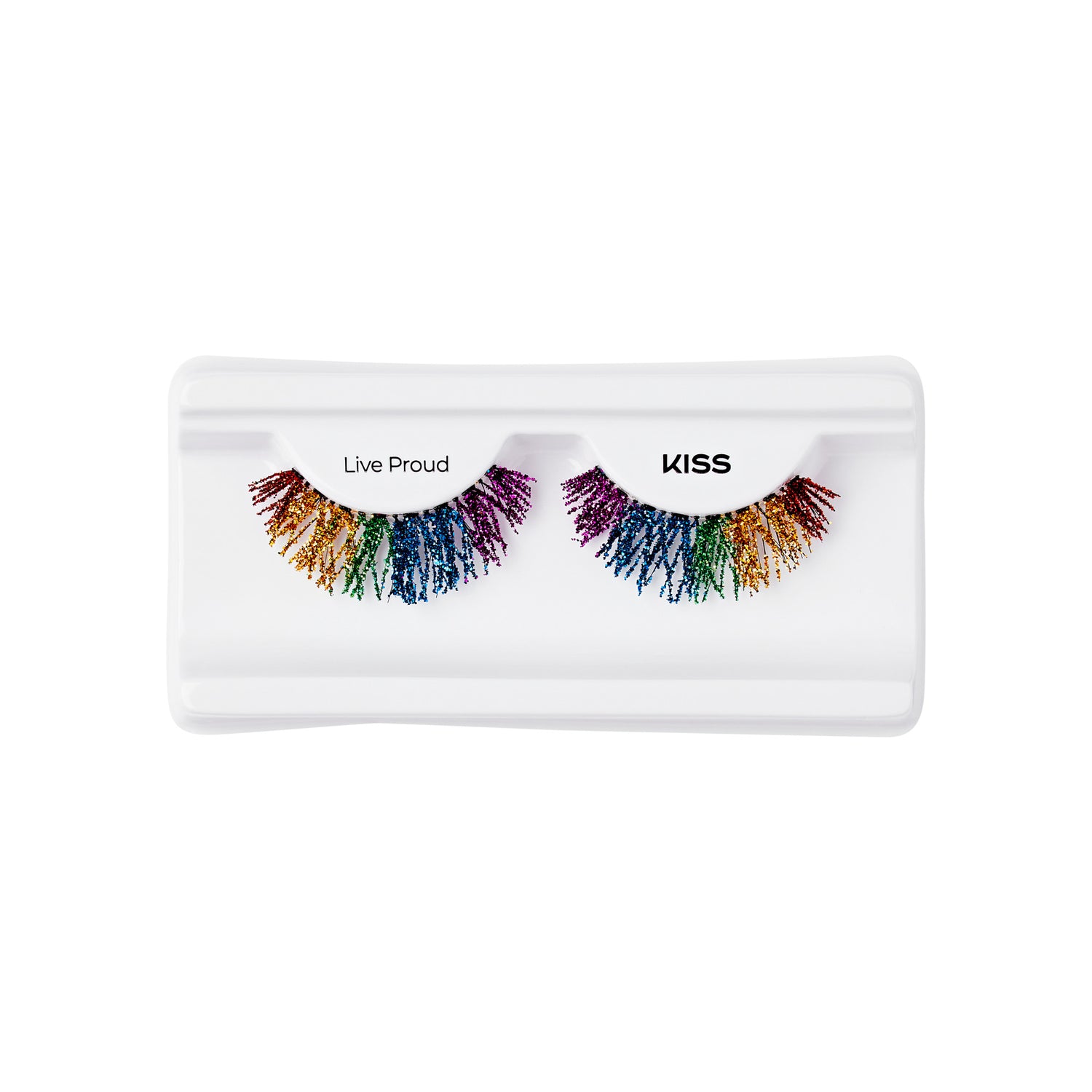 The image shows a pair of false eyelashes in a white plastic case. The eyelashes are multicolored, featuring a rainbow gradient with colors including red, orange, yellow, green, blue, and purple. The left eyelash is labeled "Live Proud," and the right eyelash is labeled "KISS." The eyelashes have a dramatic, voluminous appearance with a spiky texture.