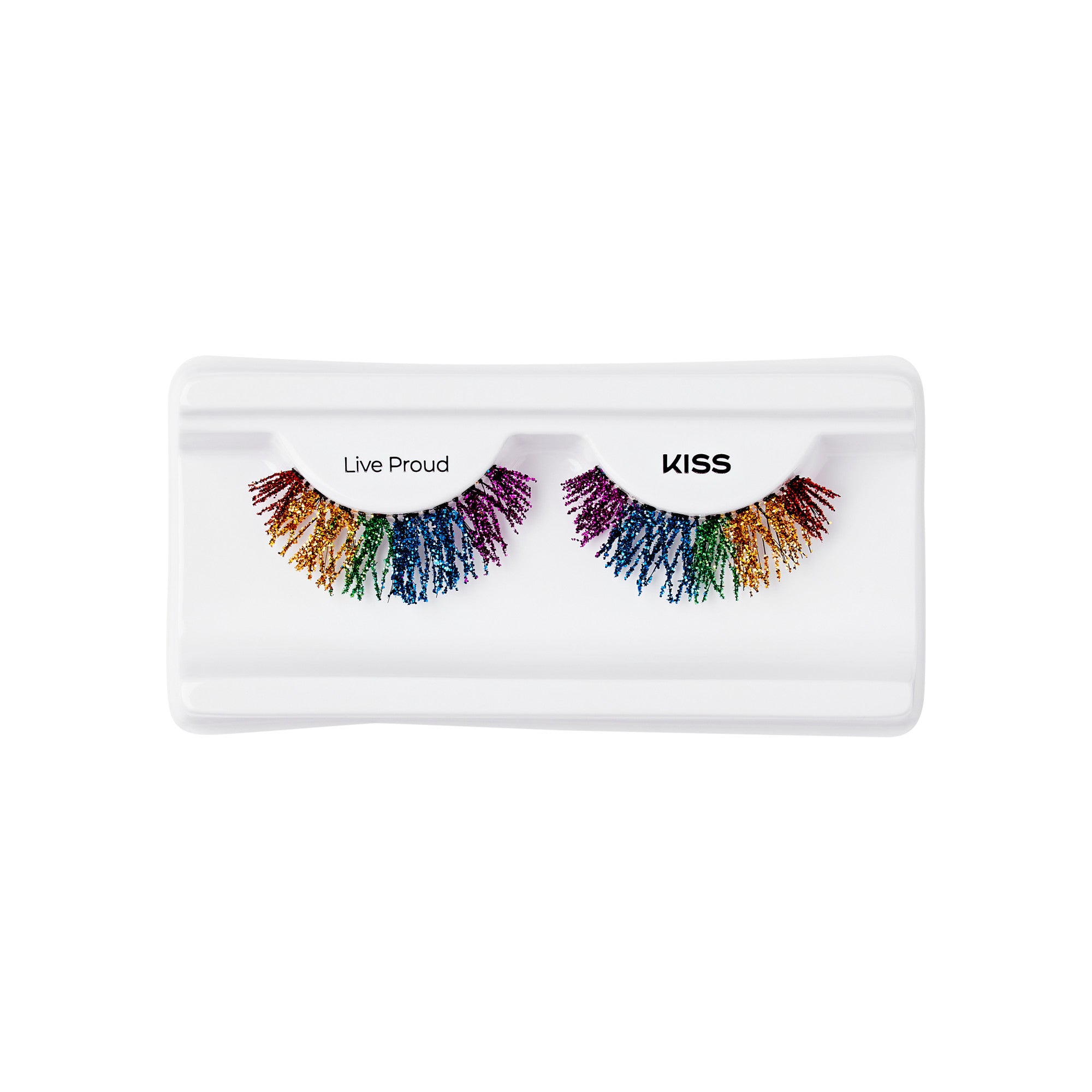 The image shows a pair of false eyelashes in a white plastic case. The eyelashes are multicolored, featuring a rainbow gradient with colors including red, orange, yellow, green, blue, and purple. The left eyelash is labeled "Live Proud," and the right eyelash is labeled "KISS." The eyelashes have a dramatic, voluminous appearance with a spiky texture.