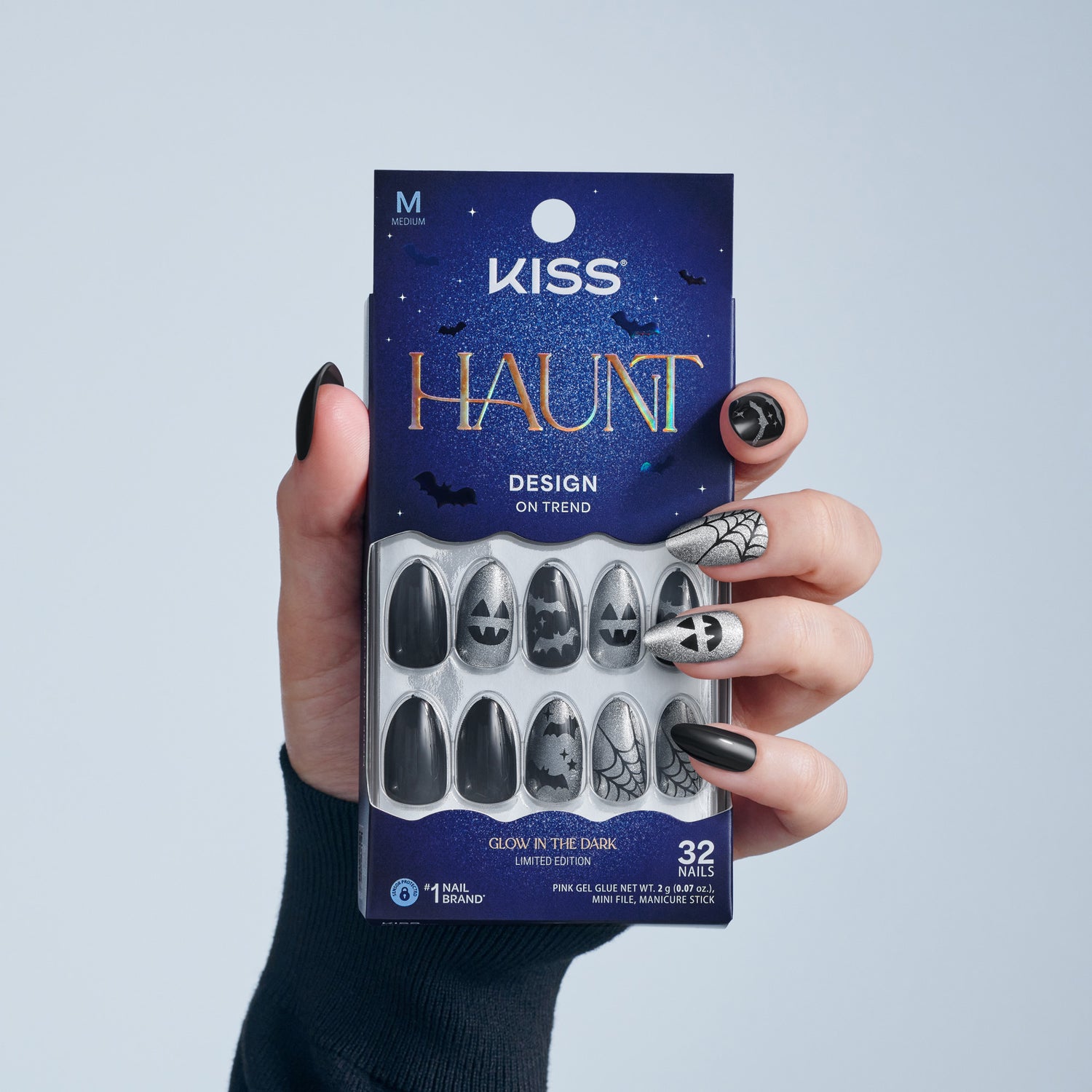 Kiss Haunt Halloween Press On Fake Glue Nails - Vamp It Up | Design, Black, Medium, Almond, Glow In The Dark