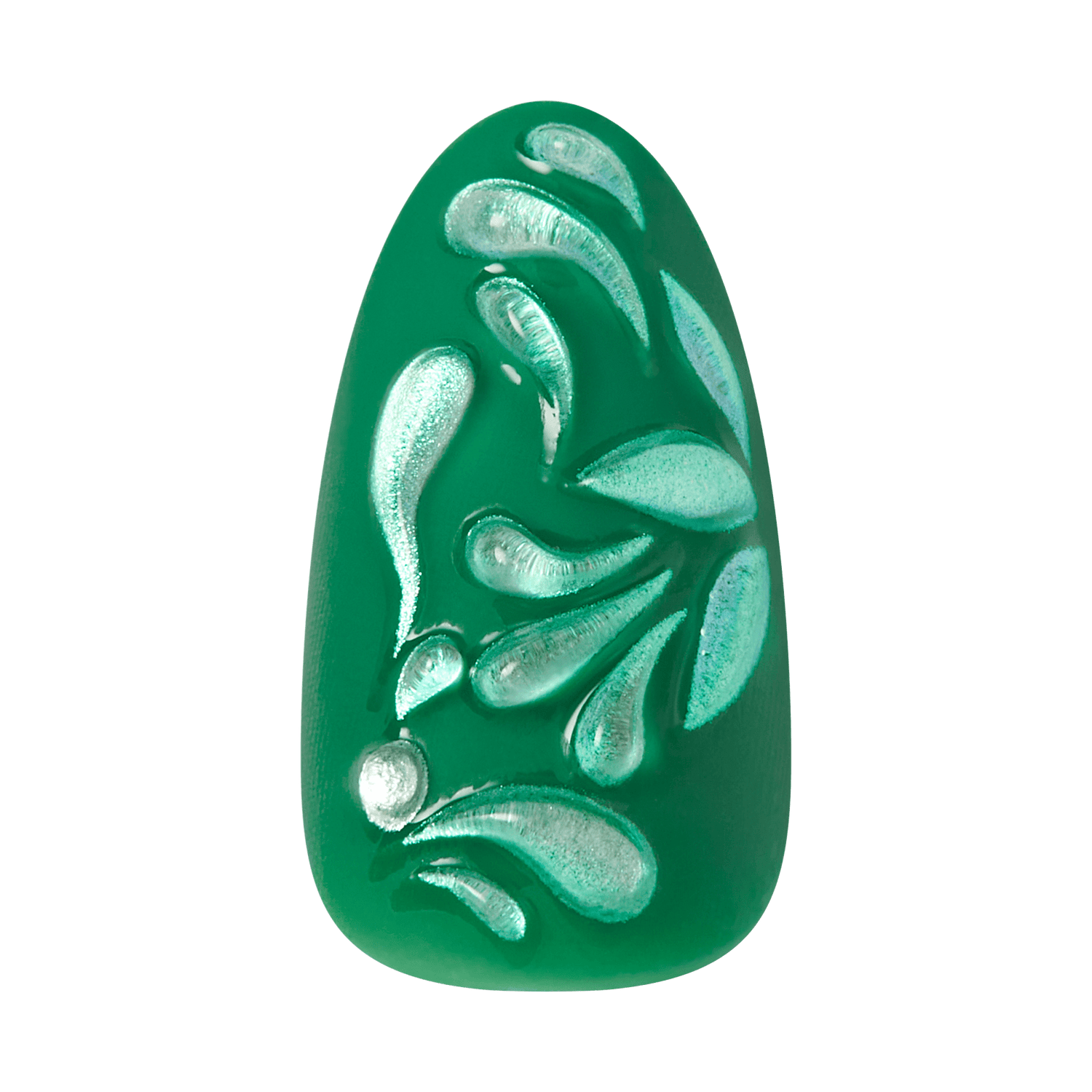 Single almond-shaped press-on nail in dark green with silver 3D embossed floral leaf design on a transparent background