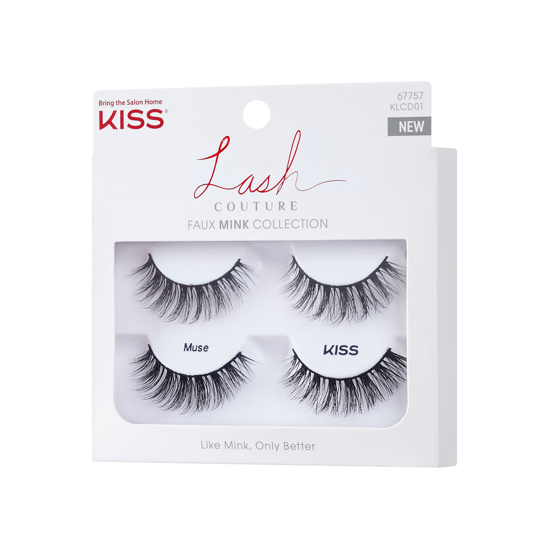 The image shows a package of false eyelashes from the brand "KISS." The product is part of the "Lash Couture" Faux Mink Collection. The packaging is predominantly white with red and black text. There are two pairs of false eyelashes visible through a clear window on the front of the package. The pairs are labeled "Muse" and "KISS." The tagline at the bottom of the package reads, "Like Mink, Only Better." The product code "67757 KLCD01" is also visible on the top right corner of the package.