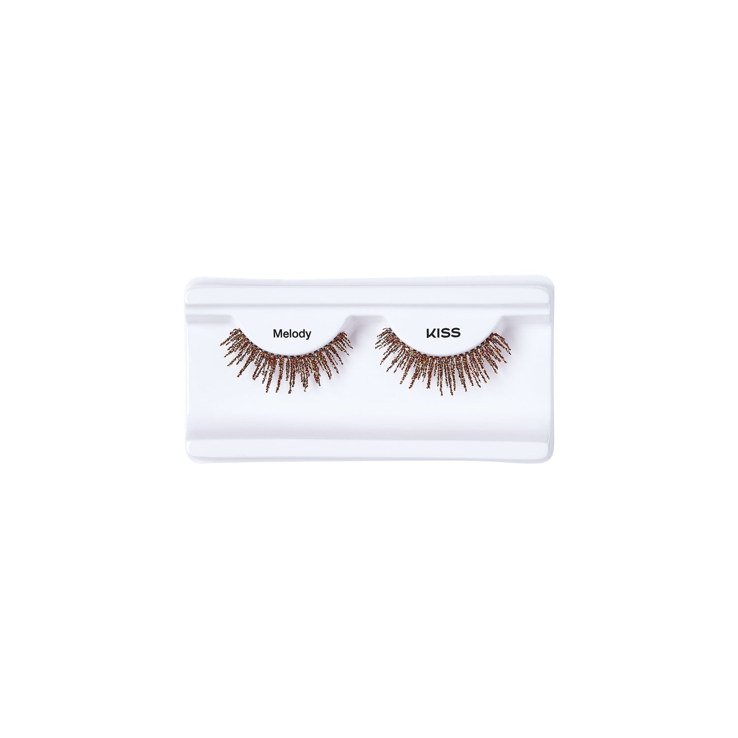 KISS Melody false eyelashes in brown, packaged on white card with clear plastic cover.
