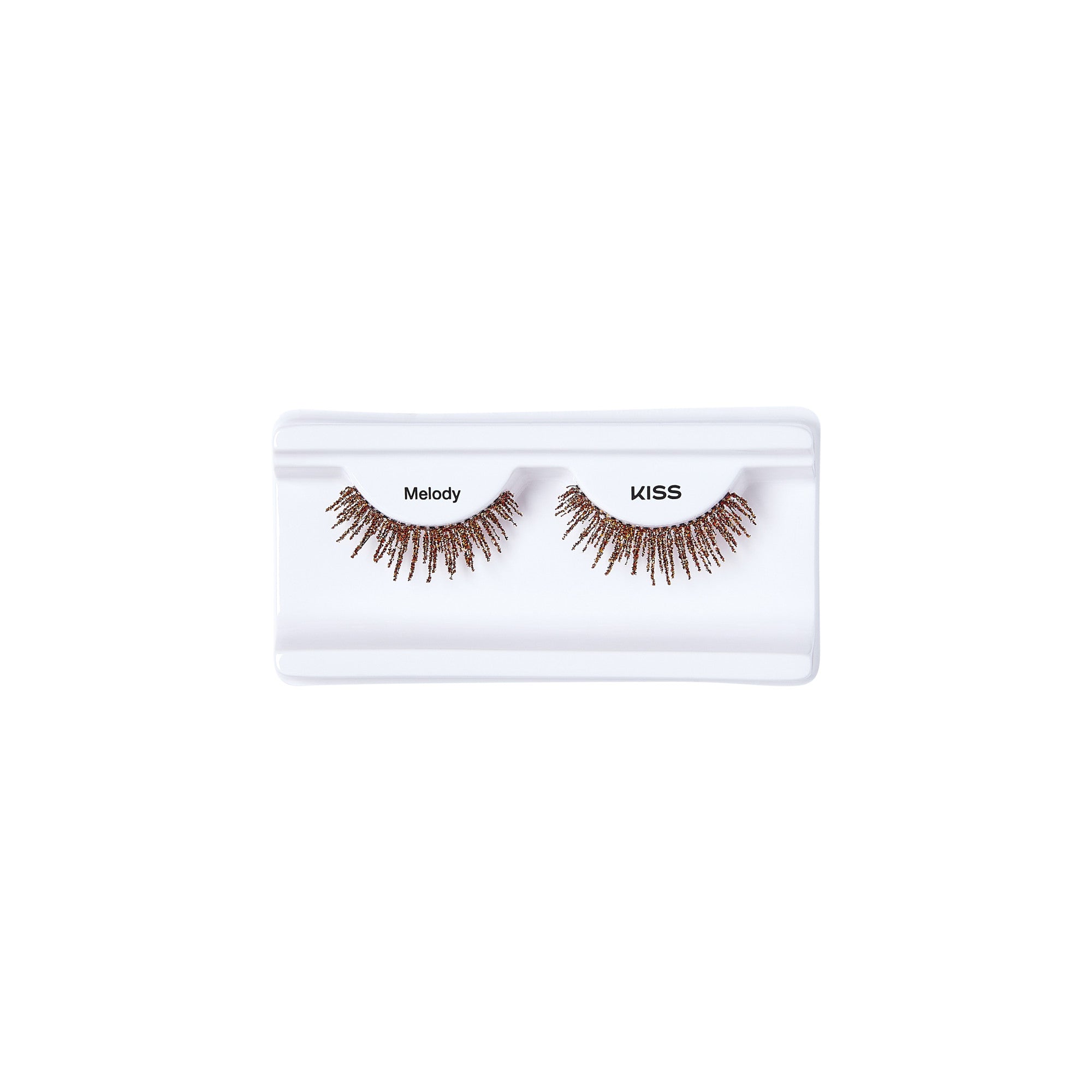 KISS Melody false eyelashes in brown, packaged on white card with clear plastic cover.