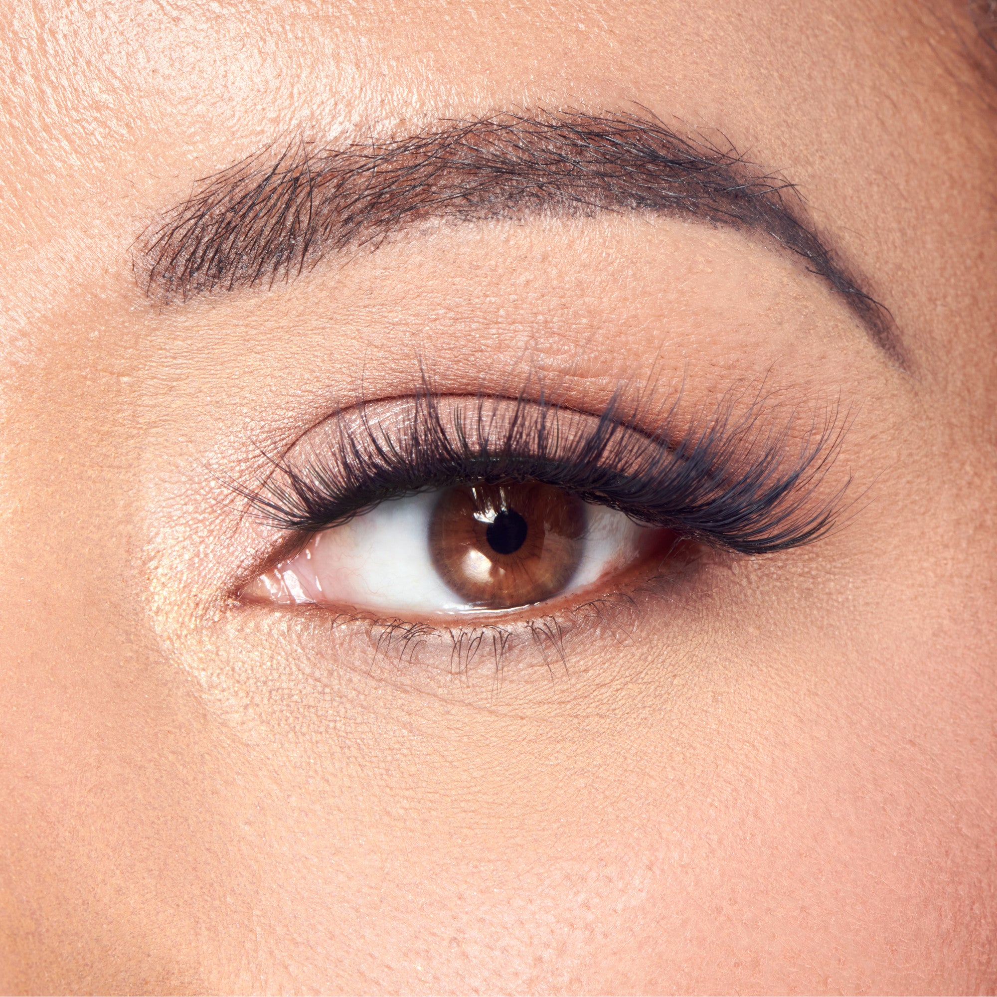 Close-up of a brown eye with long, matte black false eyelashes applied, showcasing natural-looking volume and curl on smooth skin.