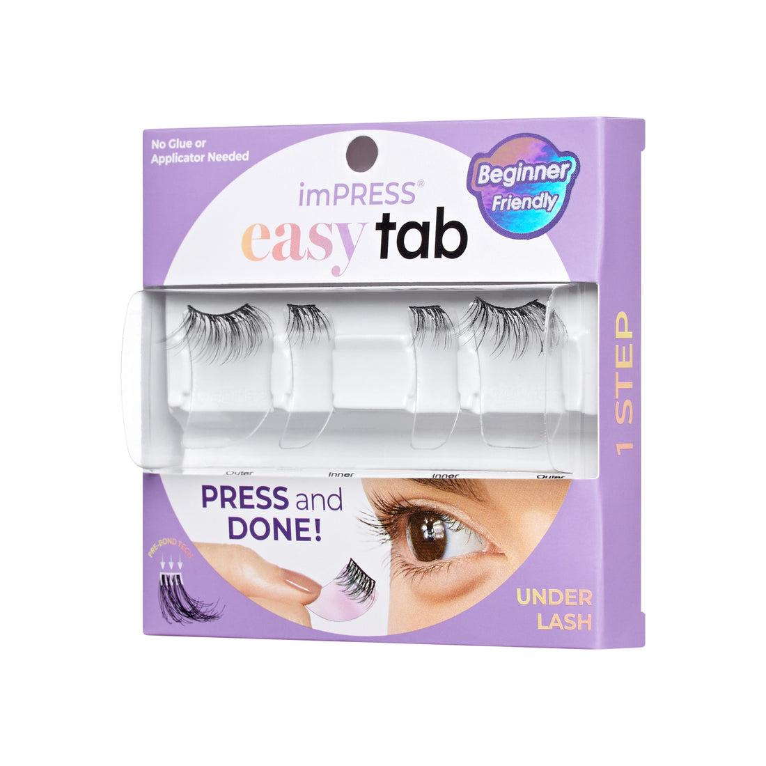 The image features a product packaging for imPRESS Easy Tab lashes. The box is predominantly purple and labeled as "Beginner Friendly." It highlights that no glue or applicator is needed for application. The packaging showcases a set of false eyelashes arranged neatly inside, with a clear section allowing visibility of the lashes. The text "PRESS and DONE!" emphasizes the ease of use, and the product is specifically designed for under lash application.
