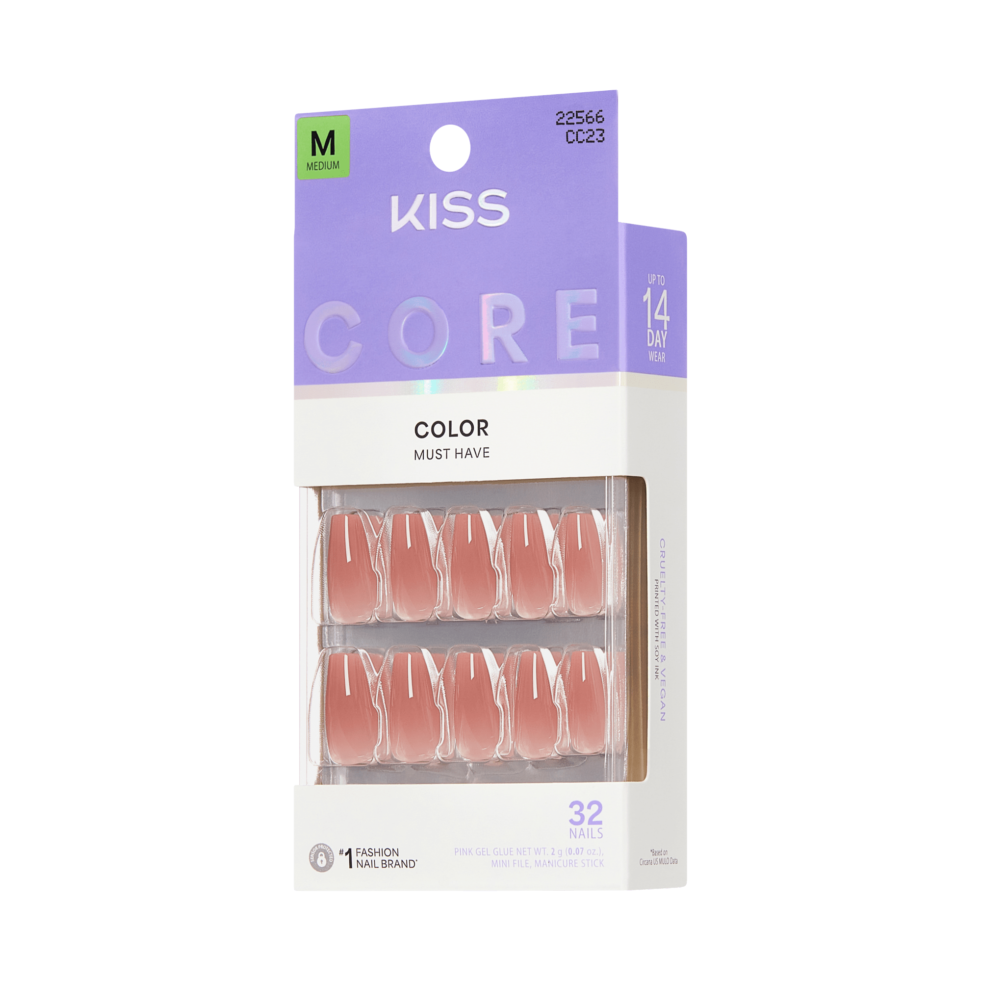 KISS Core Color Must Have press-on nails in coral pink with white stripes, 32 nails, medium size.