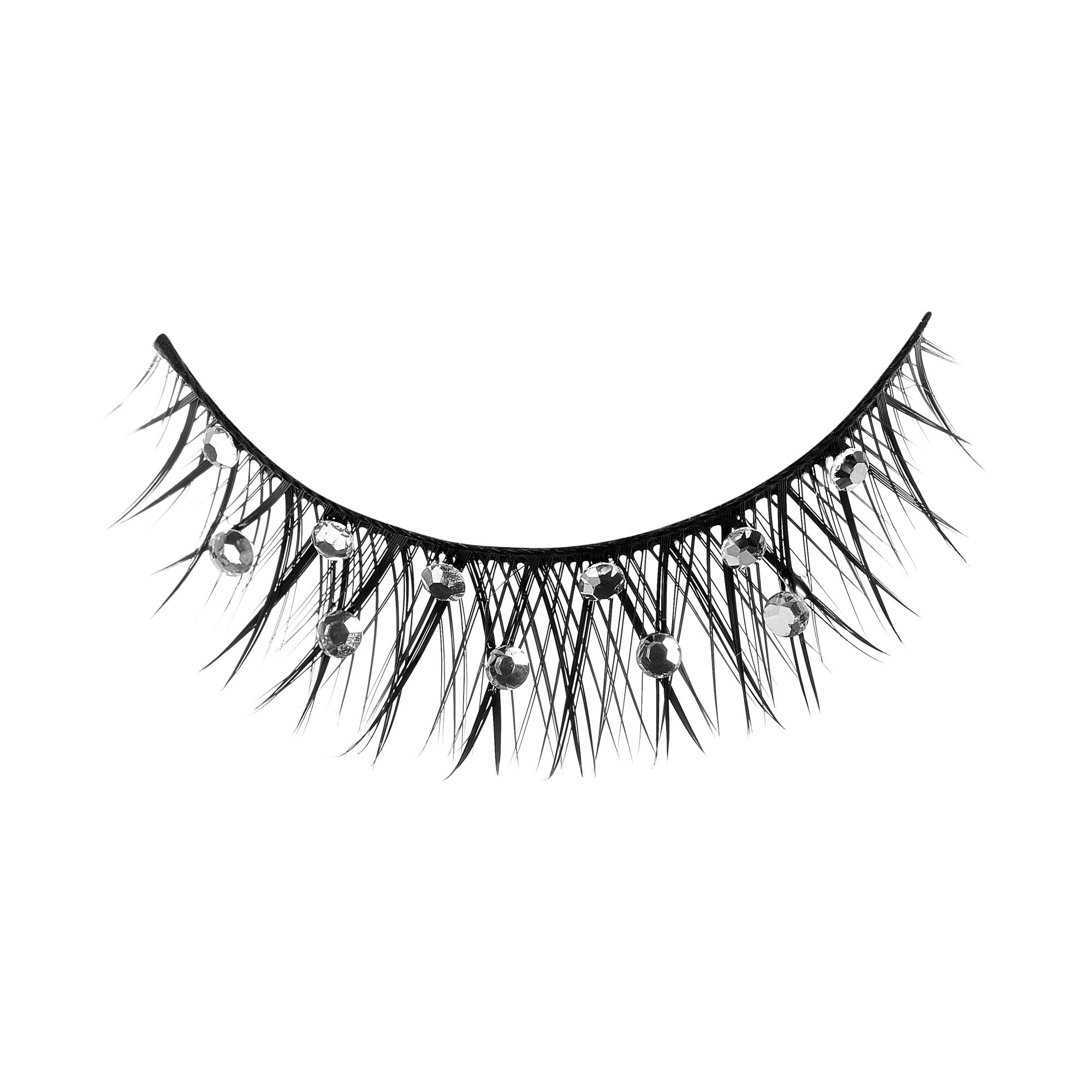Black false eyelashes with rhinestone embellishments on curved lash band.