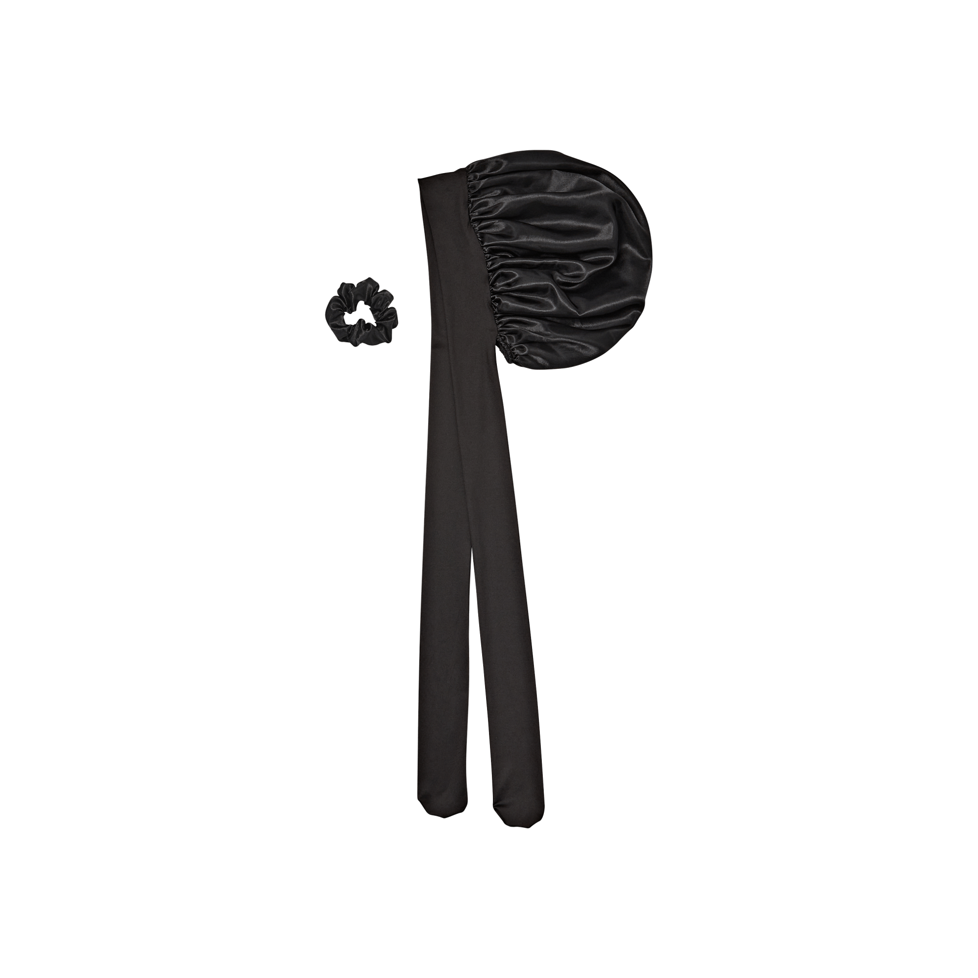 Black bonnet with ribbons and small black scrunchie accessory set