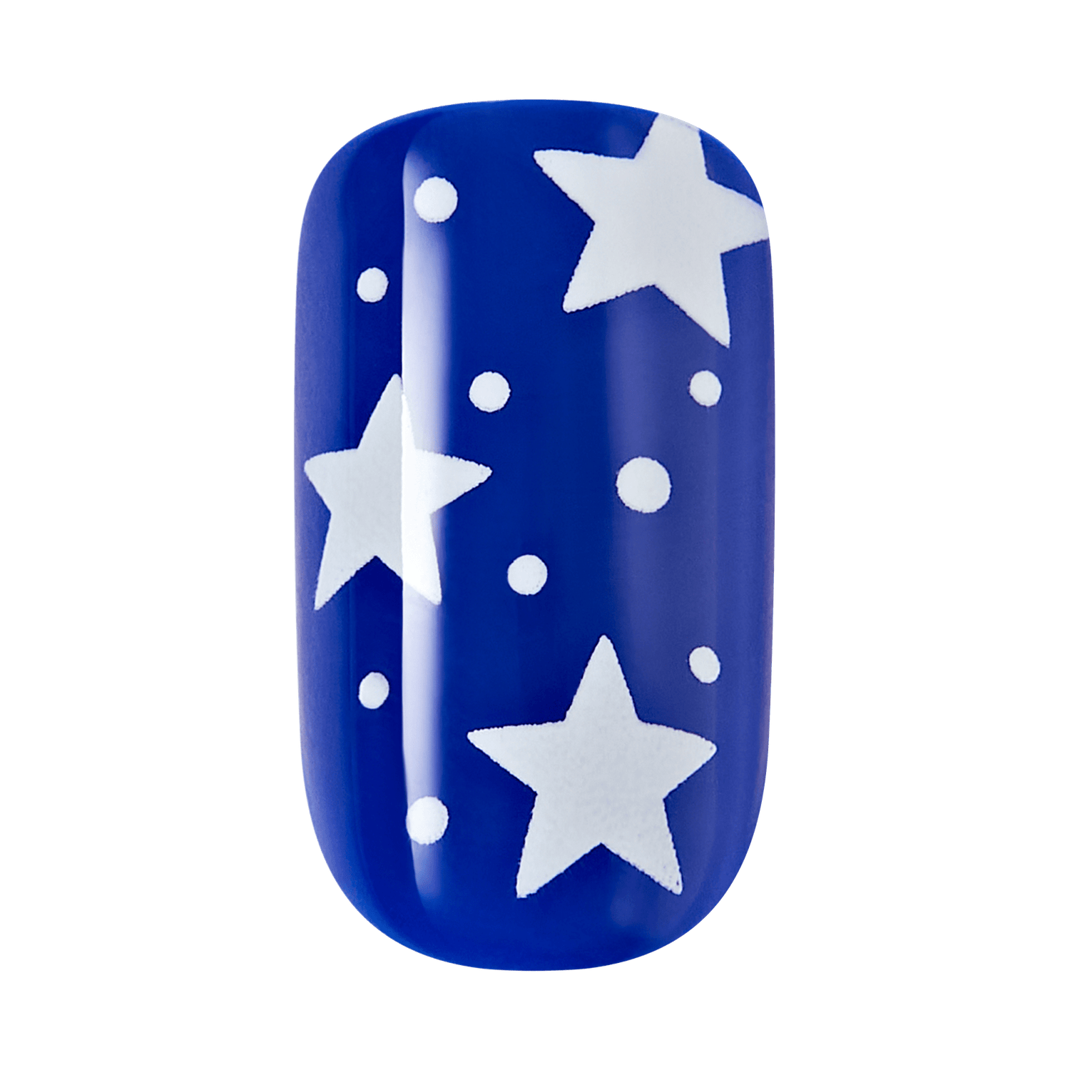 Blue press-on nail with white star and dot design on a clear background