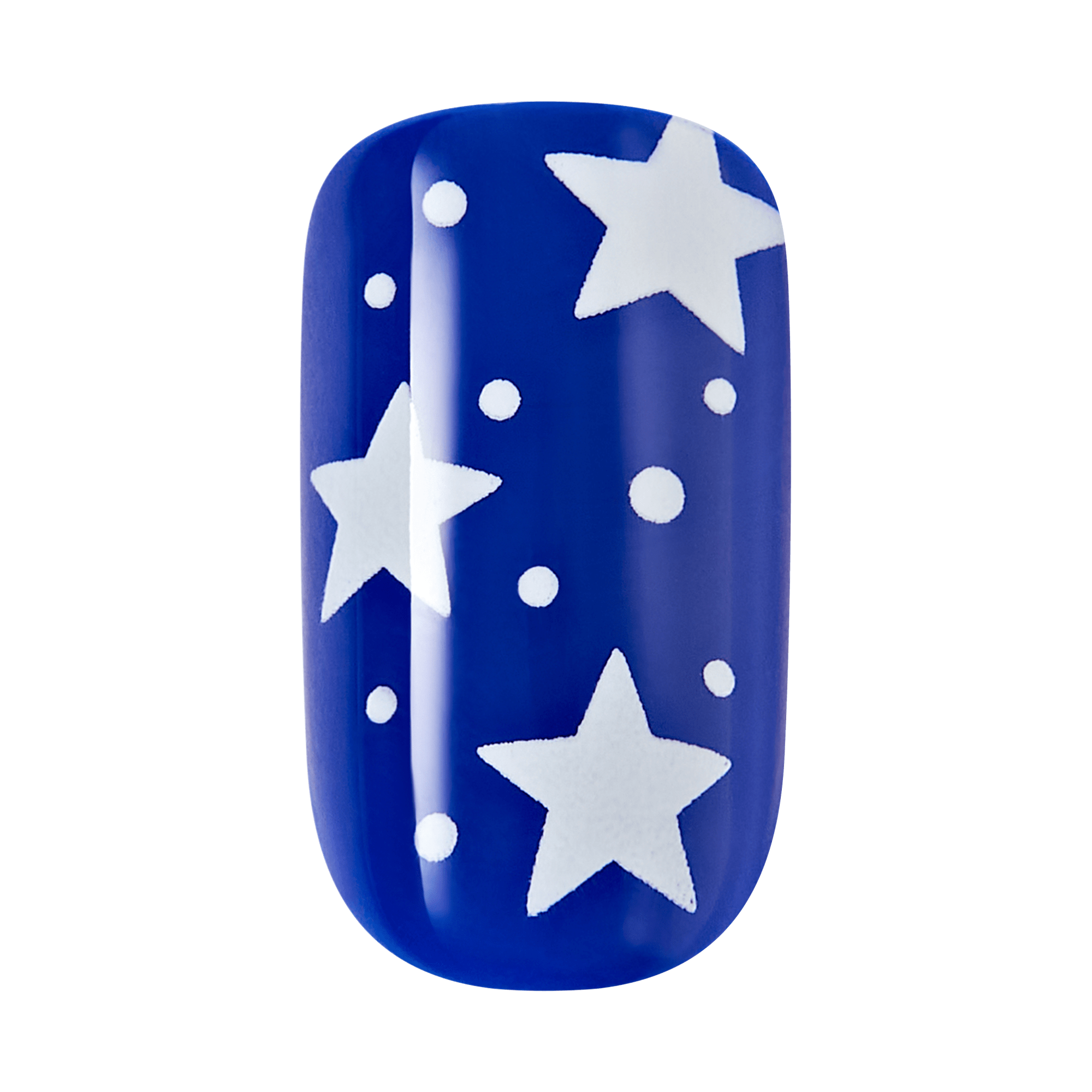 Blue press-on nail with white star and dot design on a clear background