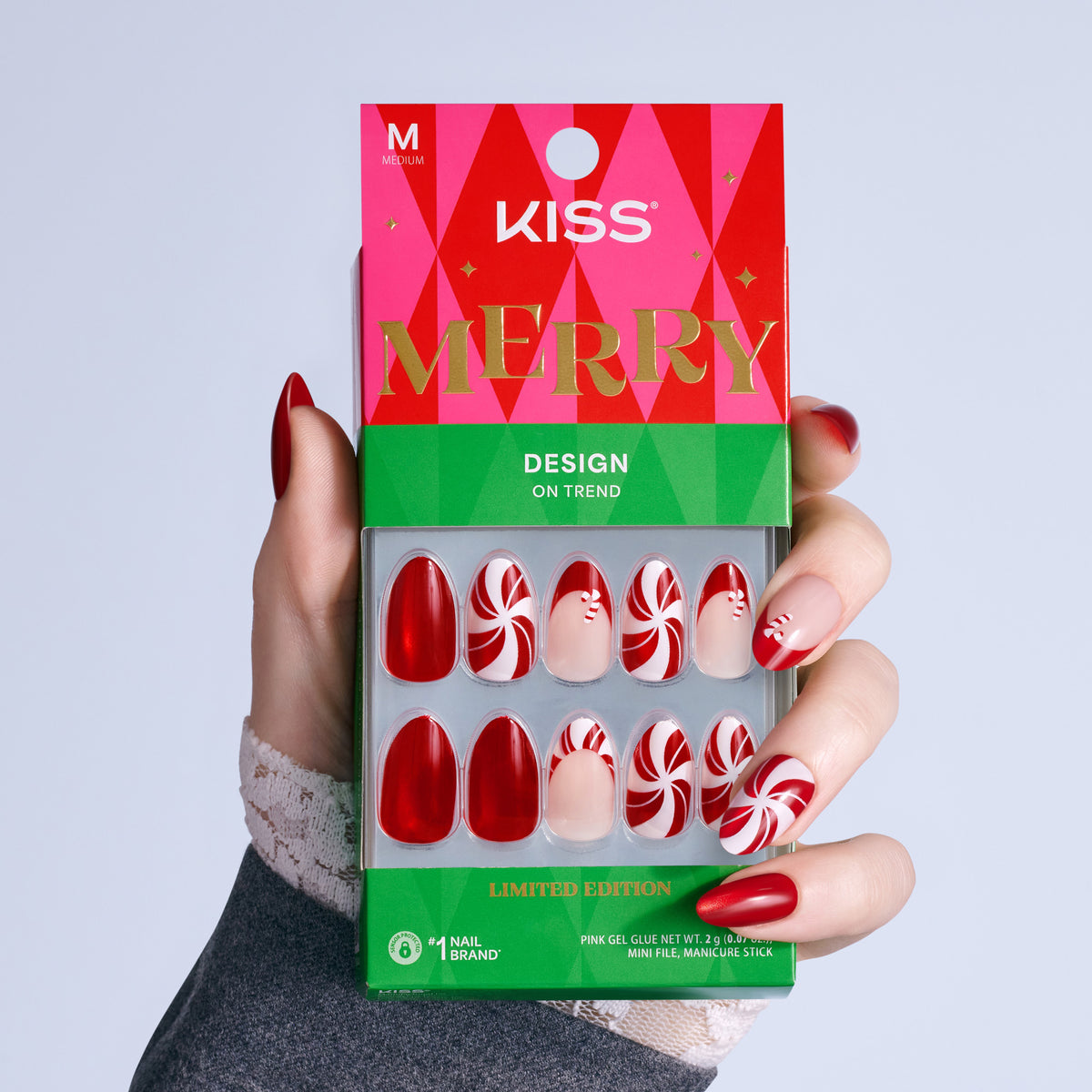 Kiss Merry Holiday Press On Fake Glue Nails - Jolly Dust | French Design, Red, Medium, Almond