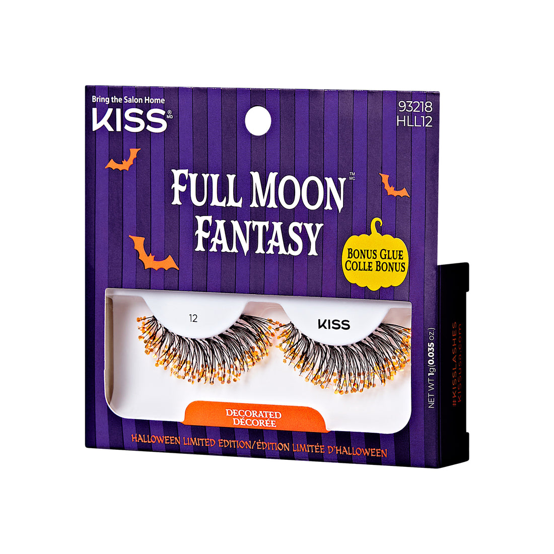 The image shows a package of KISS brand false eyelashes. The product is named "Full Moon Fantasy" and is a Halloween limited edition. The packaging is predominantly purple with vertical stripes and features Halloween-themed graphics such as bats and a pumpkin. The package includes a bonus glue. The eyelashes are decorated and have a unique design suitable for Halloween. The product code on the package is 93218 HLL12.