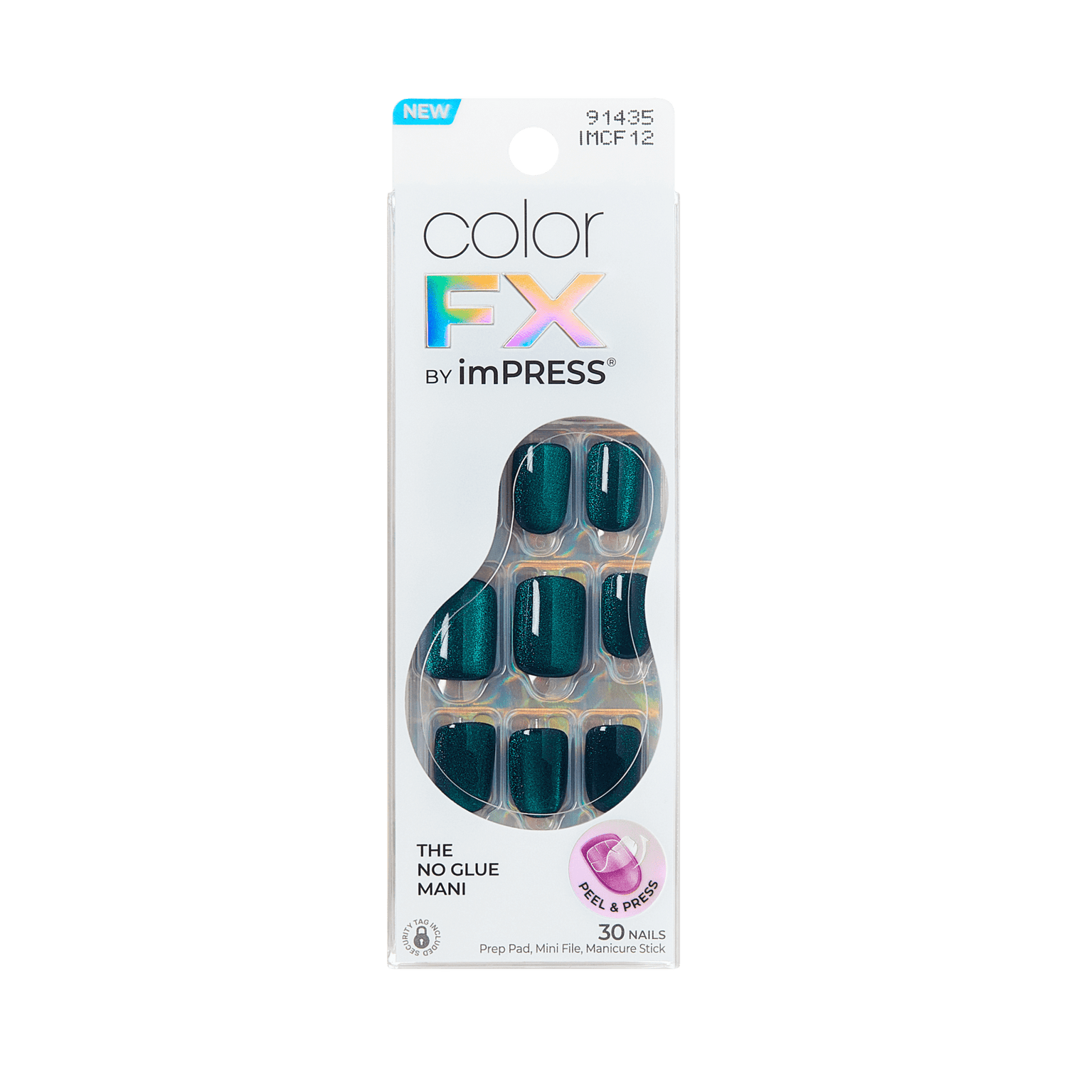 colorFX by imPRESS press-on nails in a deep metallic teal shade, packaging highlights \