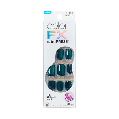 colorFX by imPRESS press-on nails in a deep metallic teal shade, packaging highlights \