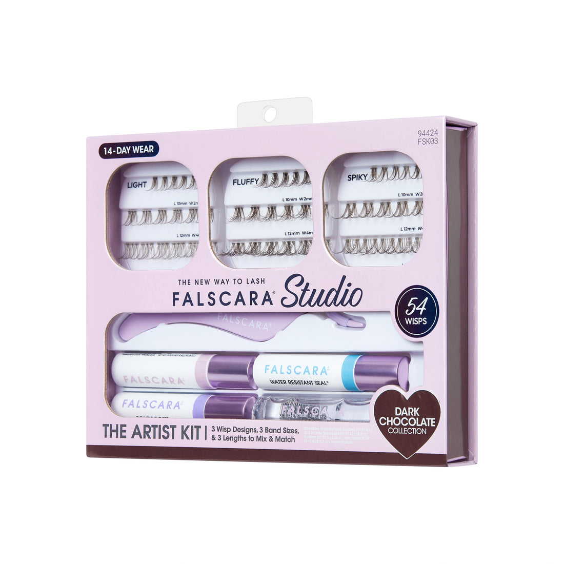 FALSCARA Studio lash extension kit in light purple packaging with 54 dark chocolate wisps in three styles: Light, Fluffy, and Spiky, plus adhesive and seal products.