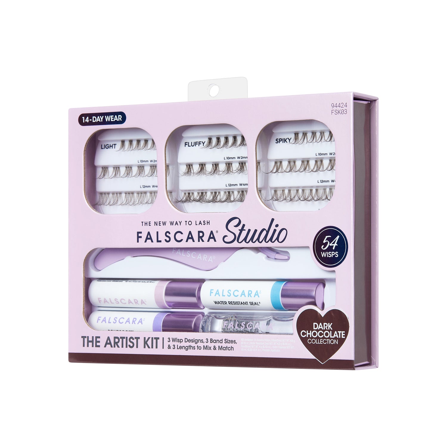 FALSCARA Studio lash extension kit in light purple packaging with 54 dark chocolate wisps in three styles: Light, Fluffy, and Spiky, plus adhesive and seal products.