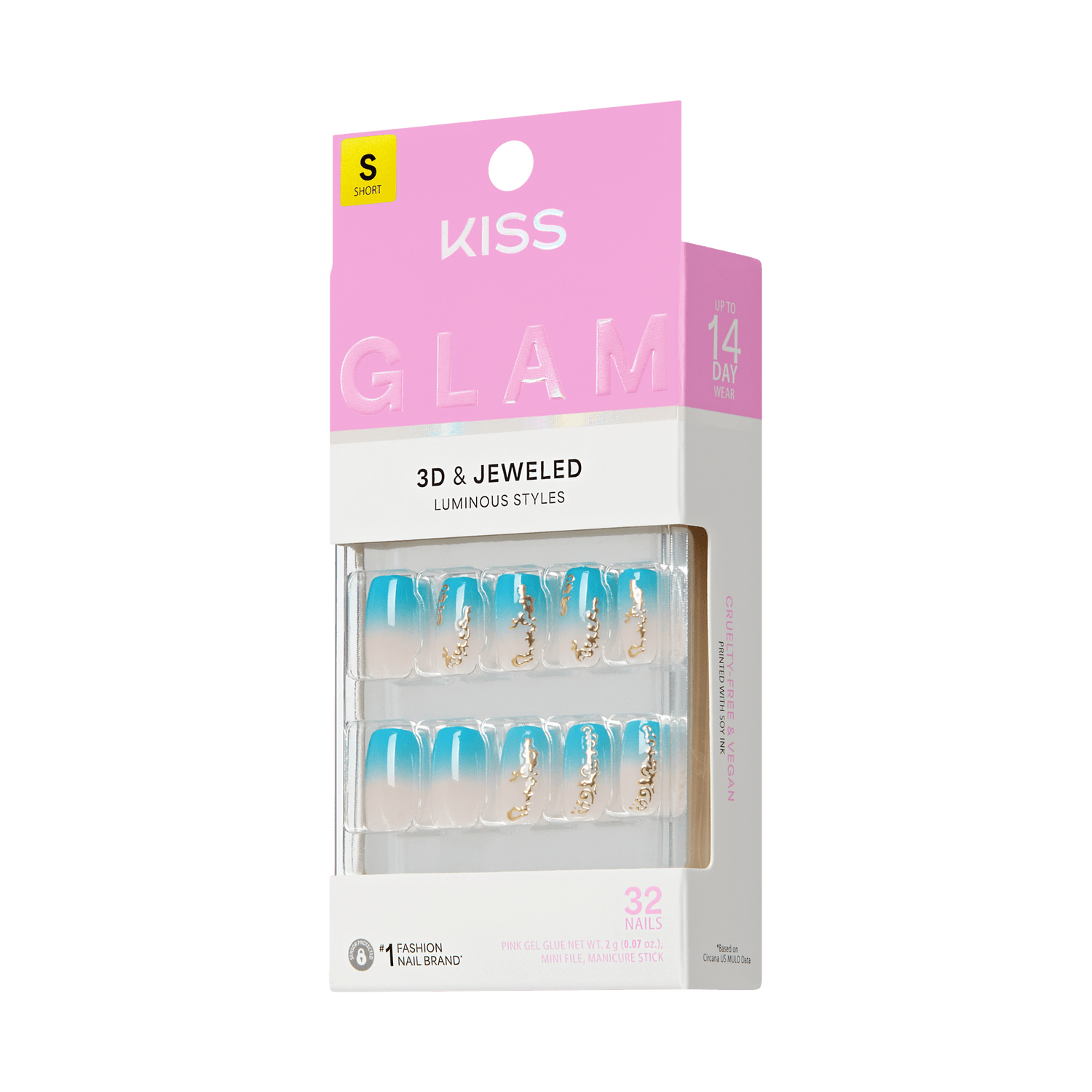 KISS Glam 3D &amp; Jeweled Luminous Styles press-on nails packaging, Short size, 32 nails, teal ombre squoval nails with gold chain accents on transparent background