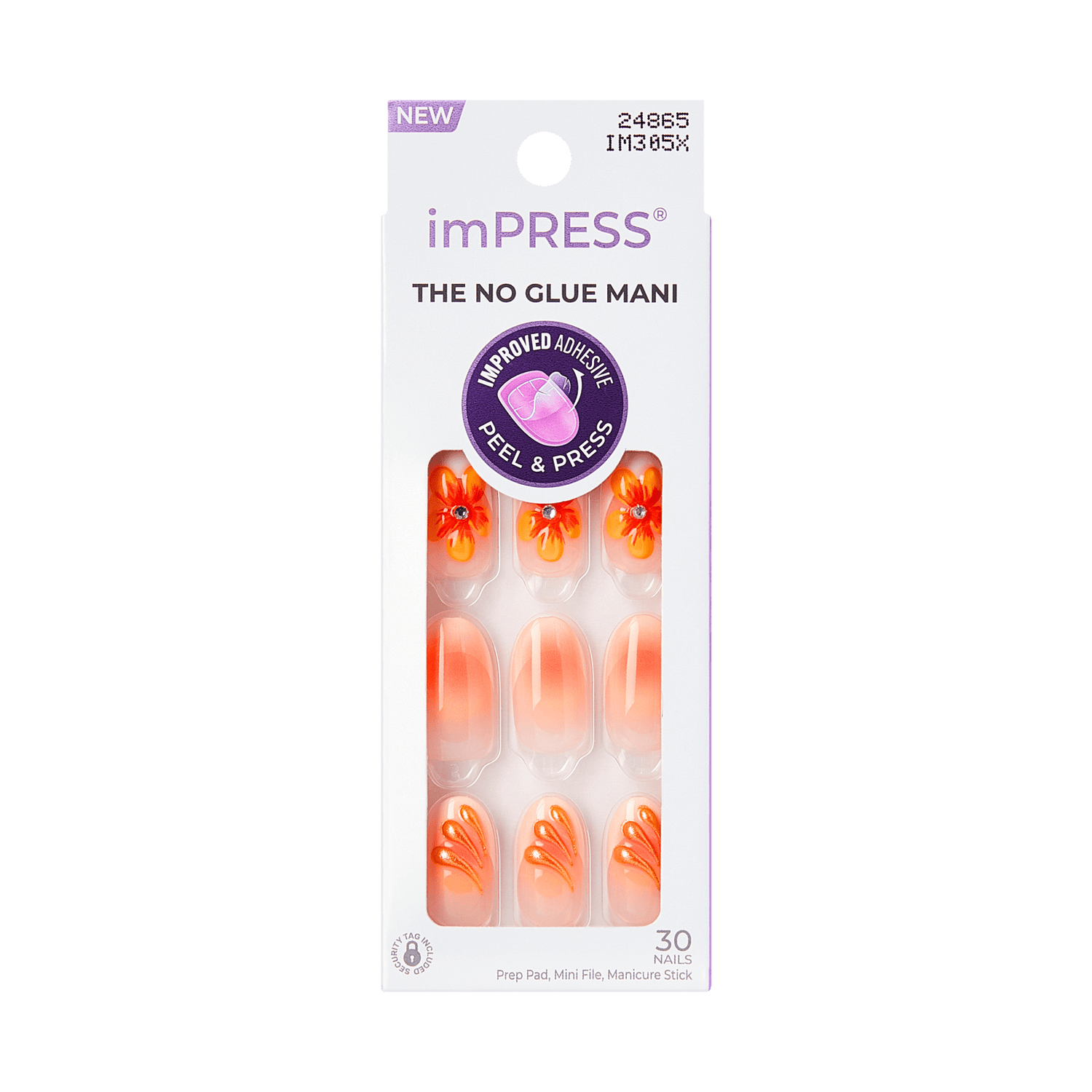 imPRESS The No Glue Mani press-on nails packaging, 30 nails, featuring orange floral designs with rhinestones, Peel &amp; Press improved adhesive technology