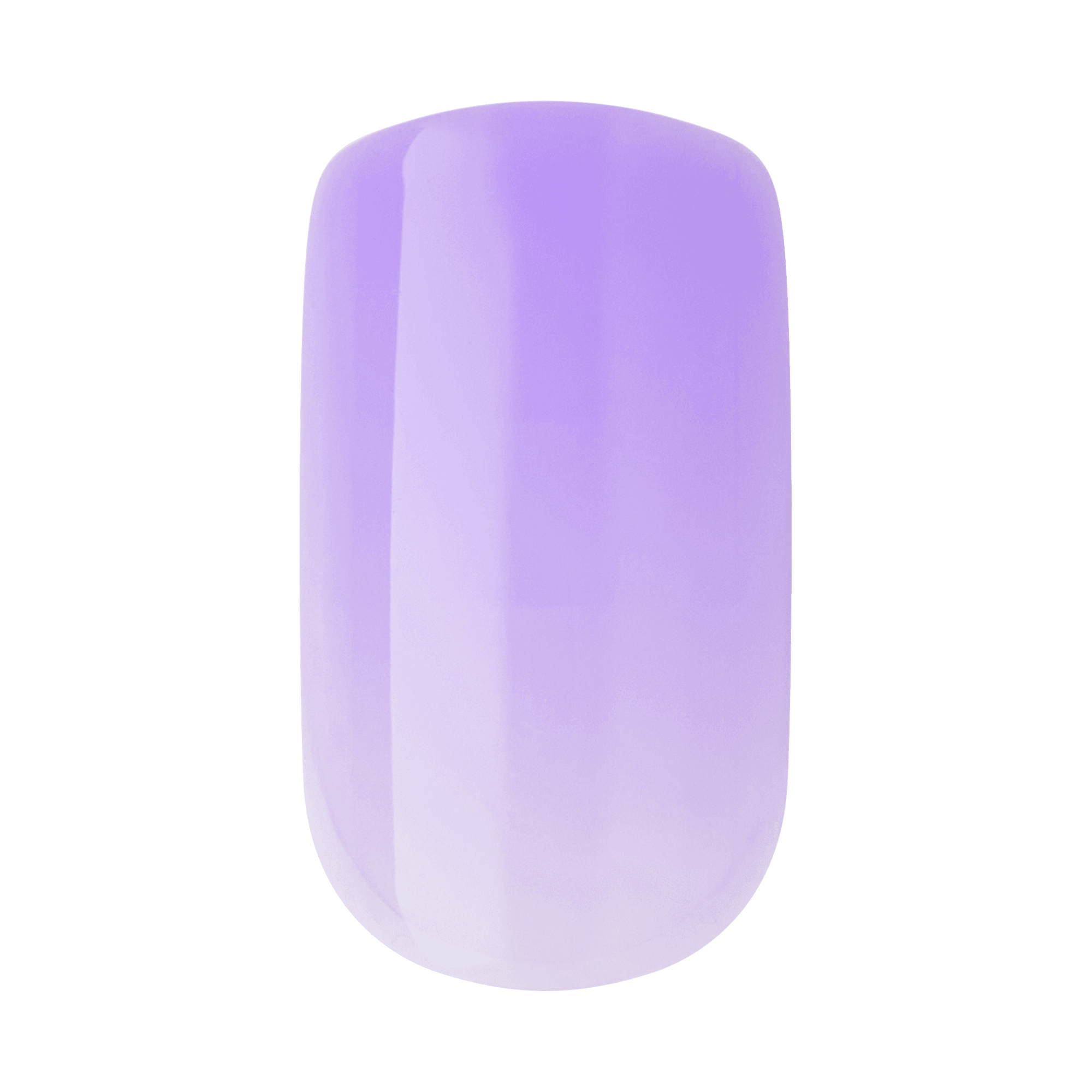 The image shows a single artificial nail with a smooth, glossy finish. The nail is painted in a gradient of purple shades, transitioning from a darker purple at the top to a lighter, almost white shade at the bottom. The surface of the nail is shiny, reflecting light, which enhances its polished appearance.