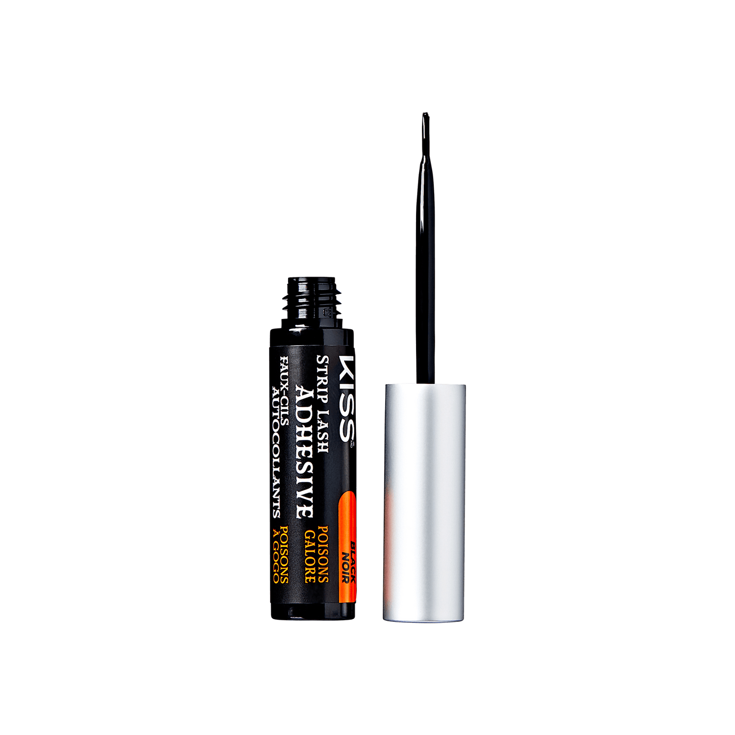 The image shows a tube of KISS Strip Lash Adhesive. The tube is black with white text and has an orange label indicating that it is "Formaldehyde Free" and "Latex Free." The cap of the tube is silver and is removed, revealing a thin brush applicator. The product is designed for applying false eyelashes.