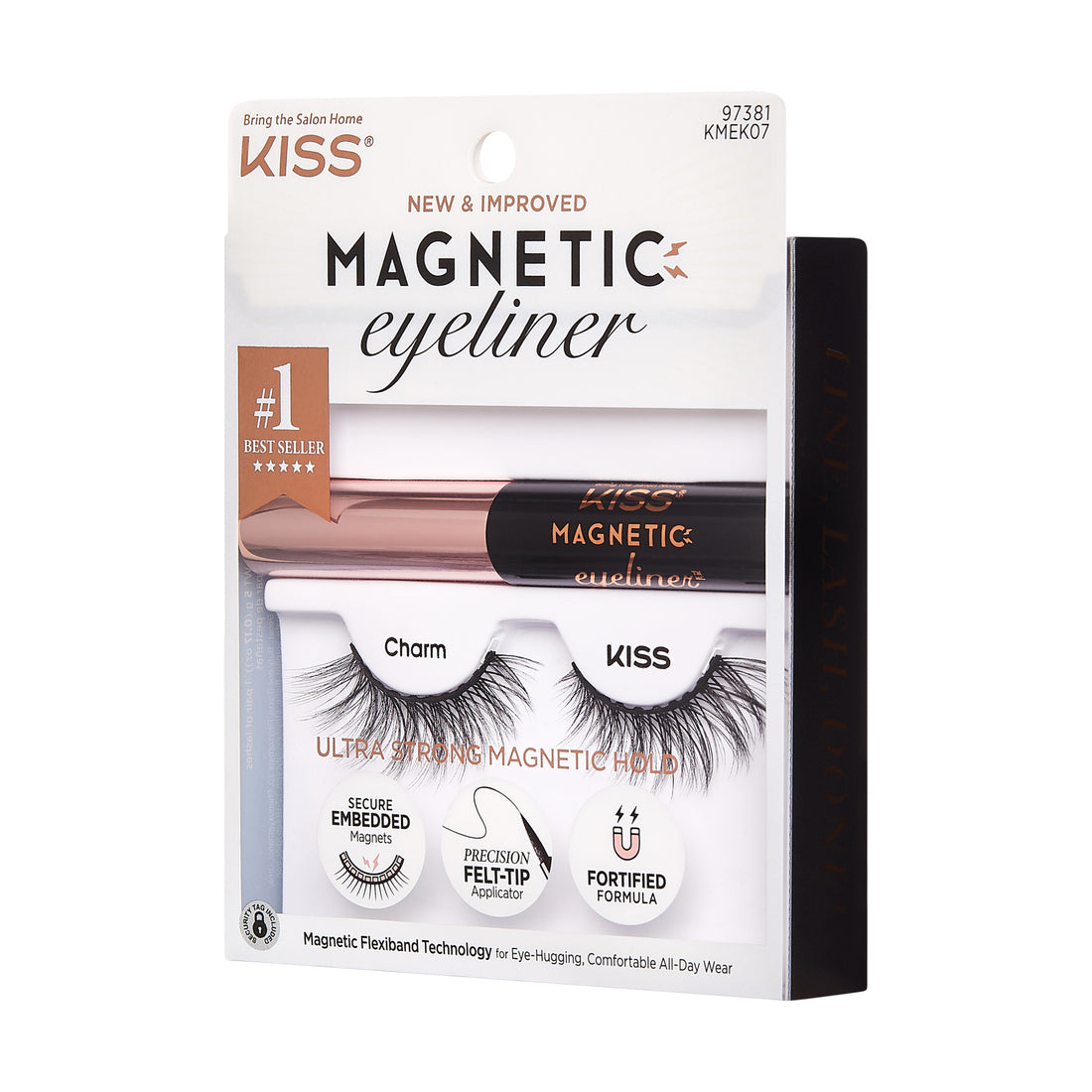 KISS Magnetic Eyeliner &amp; Lashes Charm set in white packaging with rose gold and black eyeliner pen, two magnetic lashes, and text highlighting ultra-strong magnetic hold and precision felt-tip applicator.