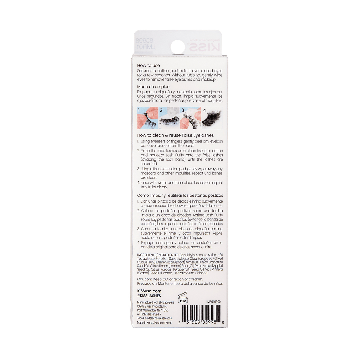 Back of KISS Lash Purify Eye Makeup Remover and Lash Cleanser packaging showing usage instructions in English and Spanish, small images demonstrating eyelash cleaning steps, ingredients list, and caution to keep out of reach of children.