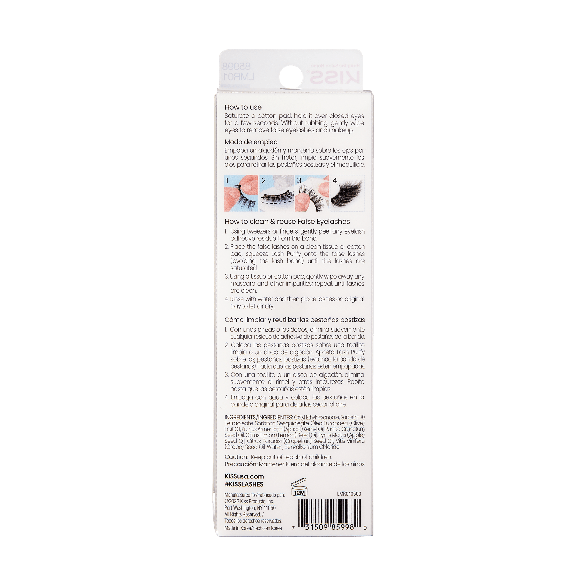 Back of KISS Lash Purify Eye Makeup Remover and Lash Cleanser packaging showing usage instructions in English and Spanish, small images demonstrating eyelash cleaning steps, ingredients list, and caution to keep out of reach of children.