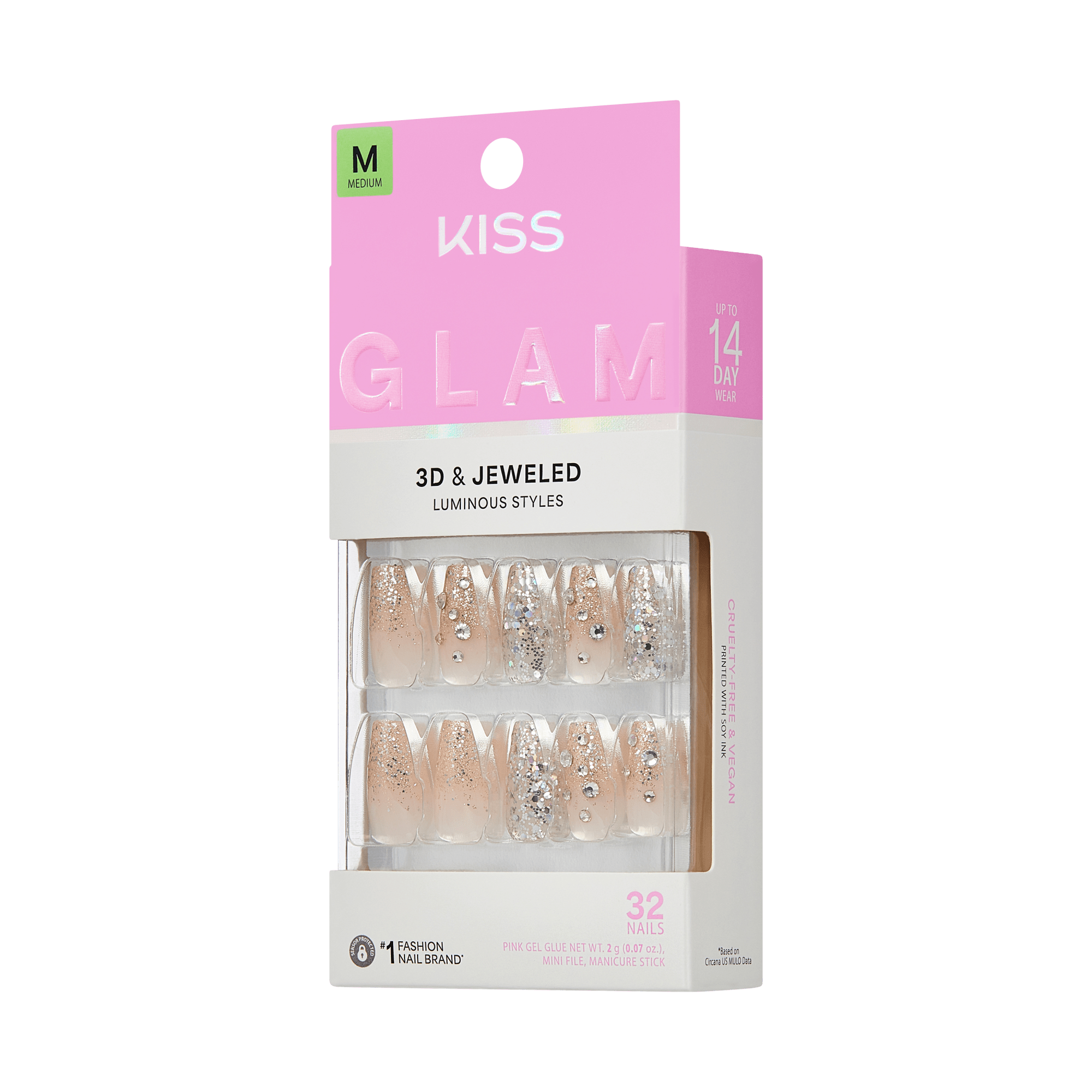 Kiss Glam 3D &amp; Jeweled Press On Fake Glue Nails - Yours | 3D &amp; Jewel Design, Pink, Medium, Coffin