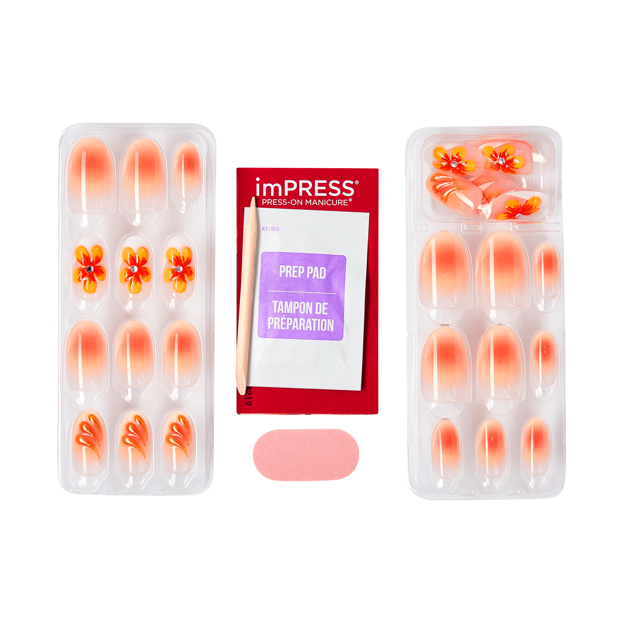 imPRESS Press-On Manicure kit contents showing two trays of orange gradient oval nails with 3D flower accents, prep pad, manicure stick, and mini nail file on transparent background